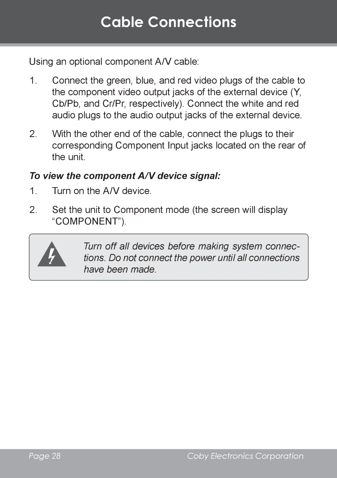 COBY electronic TV-DVD2090, TV-DVD1390 instruction manual To view the component A/V device signal 