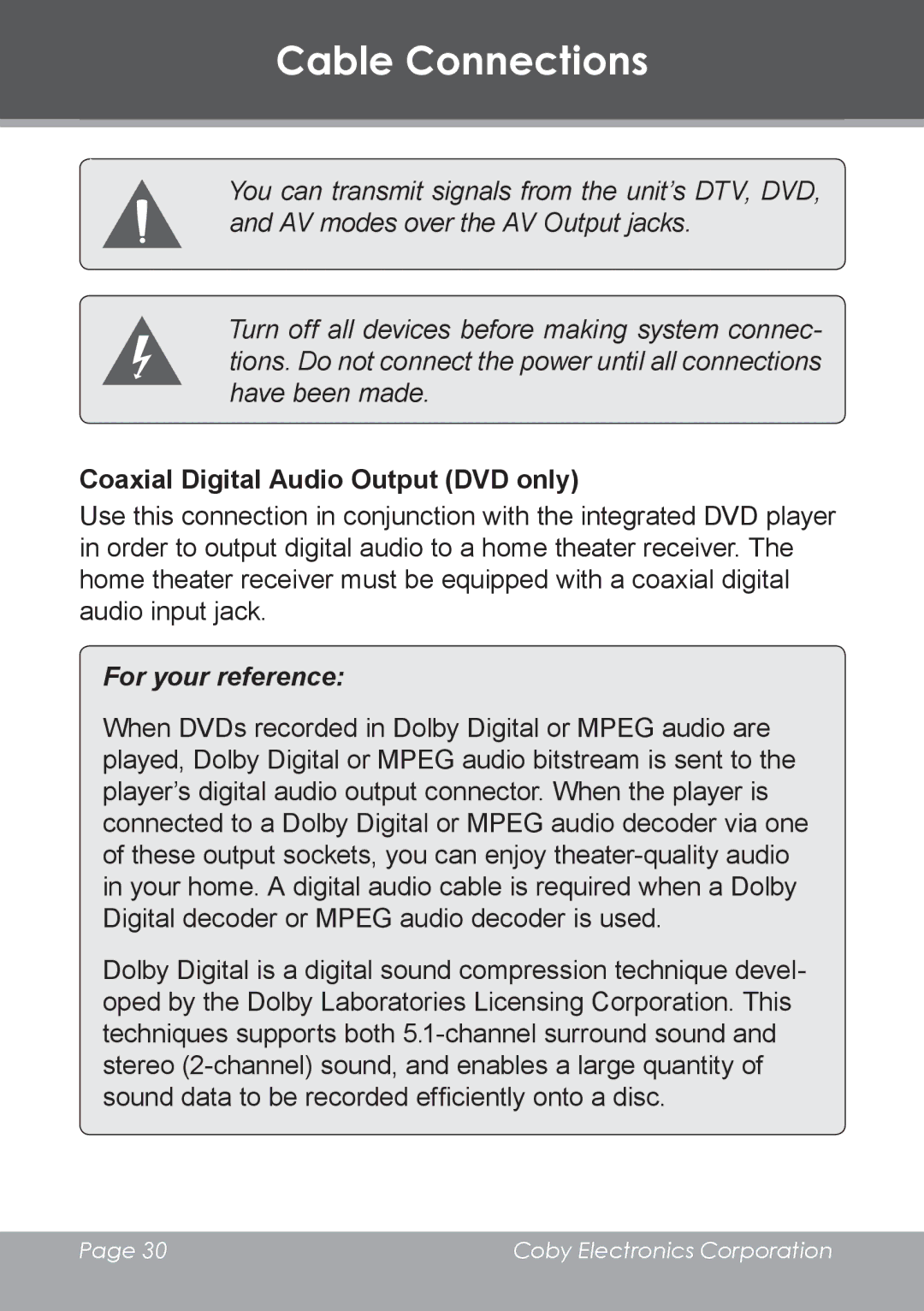 COBY electronic TV-DVD2090, TV-DVD1390 instruction manual Coaxial Digital Audio Output DVD only, For your reference 