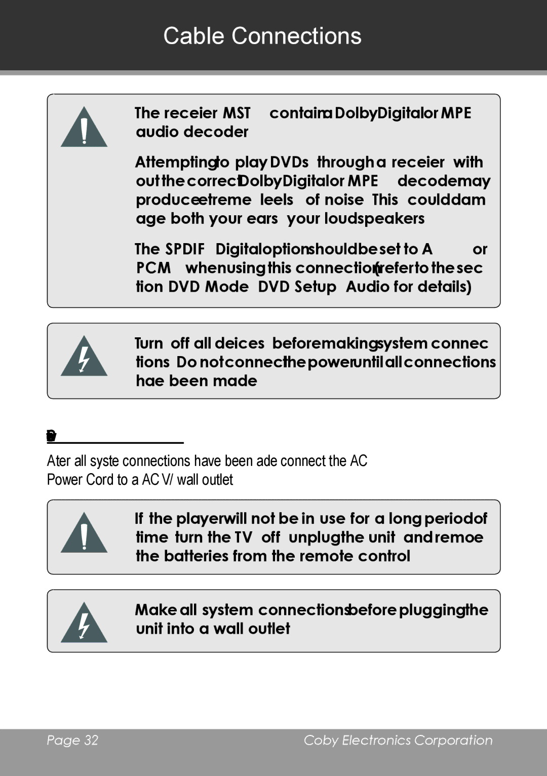 COBY electronic TV-DVD2090, TV-DVD1390 instruction manual Power Connection 