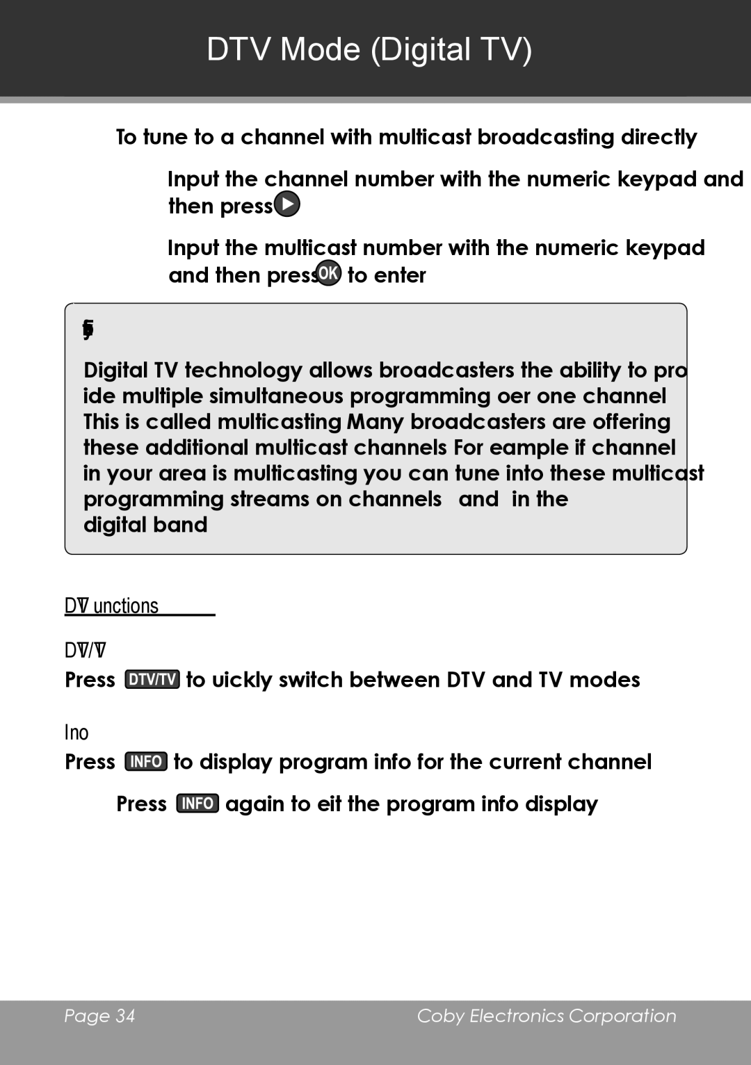 COBY electronic TV-DVD2090, TV-DVD1390 instruction manual DTV Functions, Info 