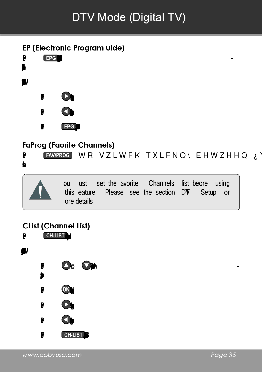 COBY electronic TV-DVD1390, TV-DVD2090 EPG Electronic Program Guide, Fav/Prog Favorite Channels, CH-List Channel List 