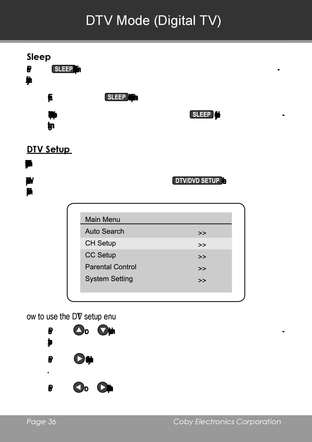 COBY electronic TV-DVD2090, TV-DVD1390 instruction manual Sleep, DTV Setup, How to use the DTV setup menu 
