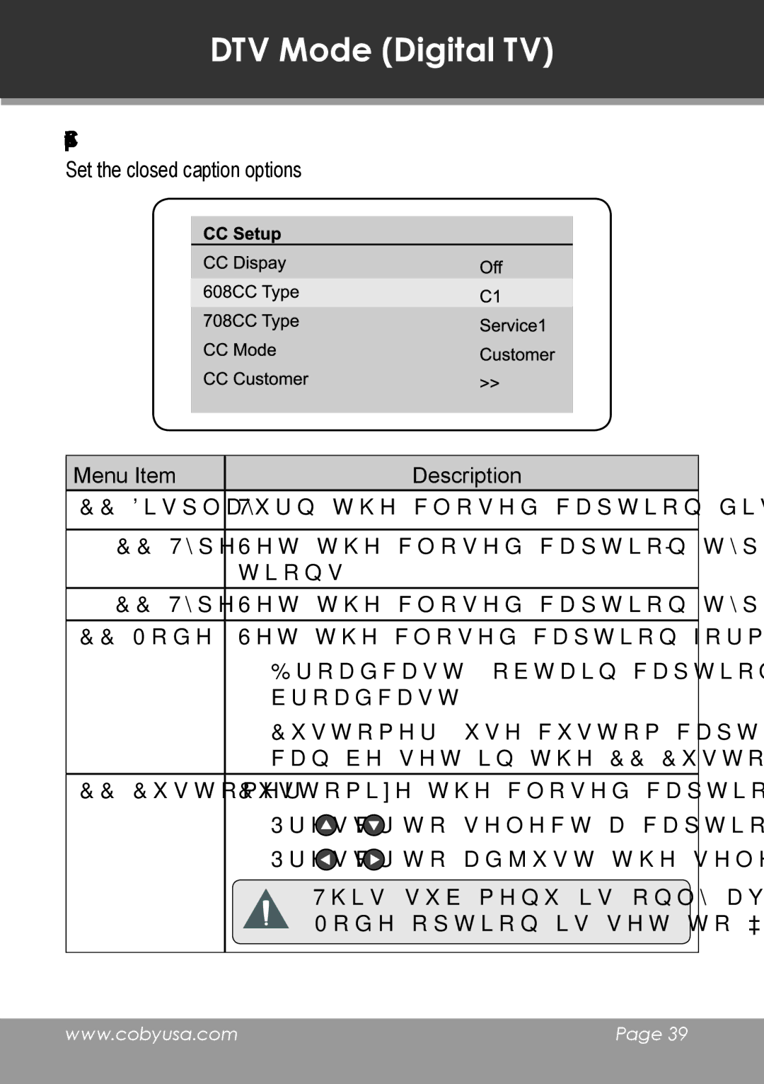 COBY electronic TV-DVD1390, TV-DVD2090 instruction manual CC Setup Closed Caption Setup Set the closed caption options 