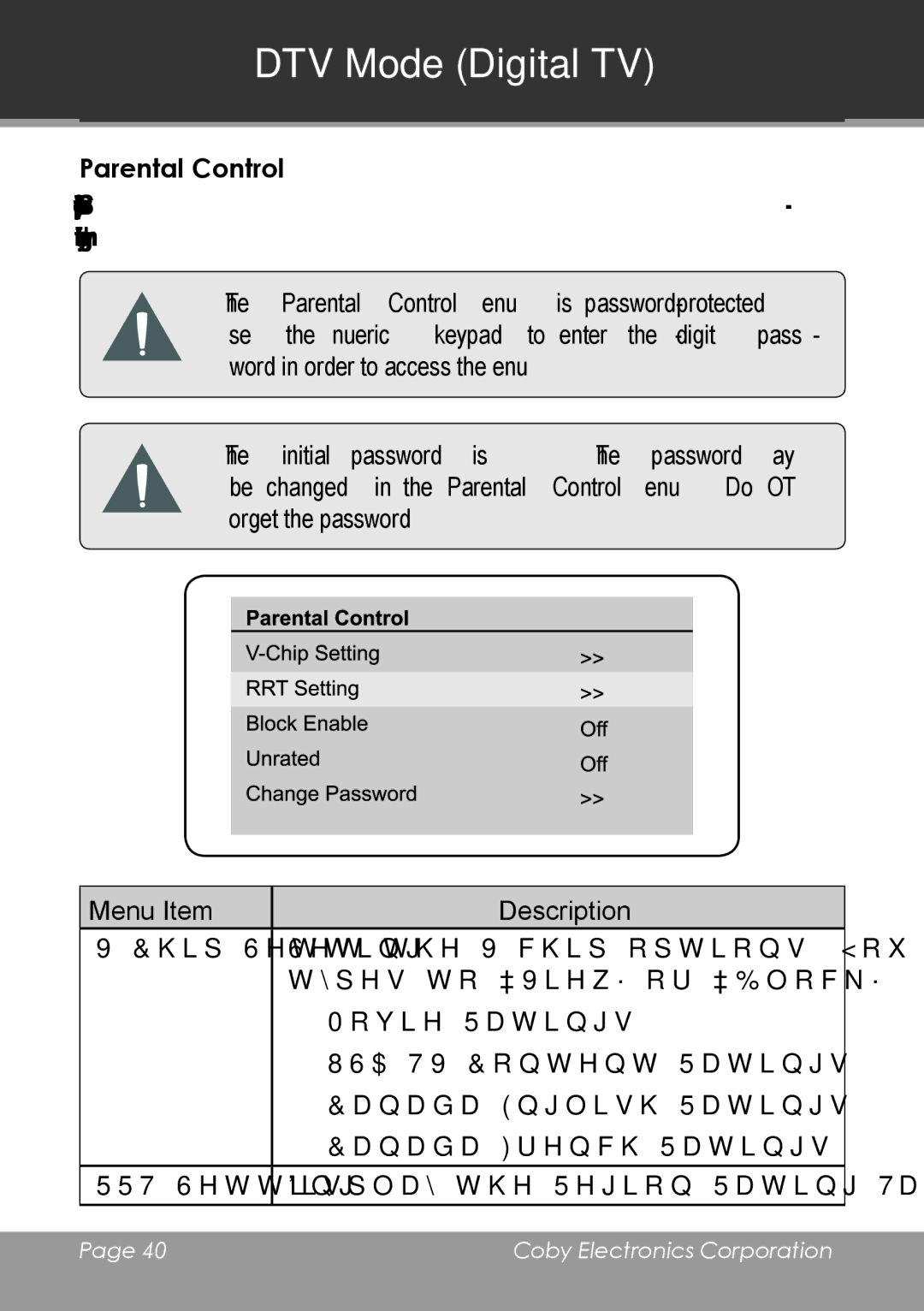 COBY electronic TV-DVD2090, TV-DVD1390 instruction manual Parental Control 