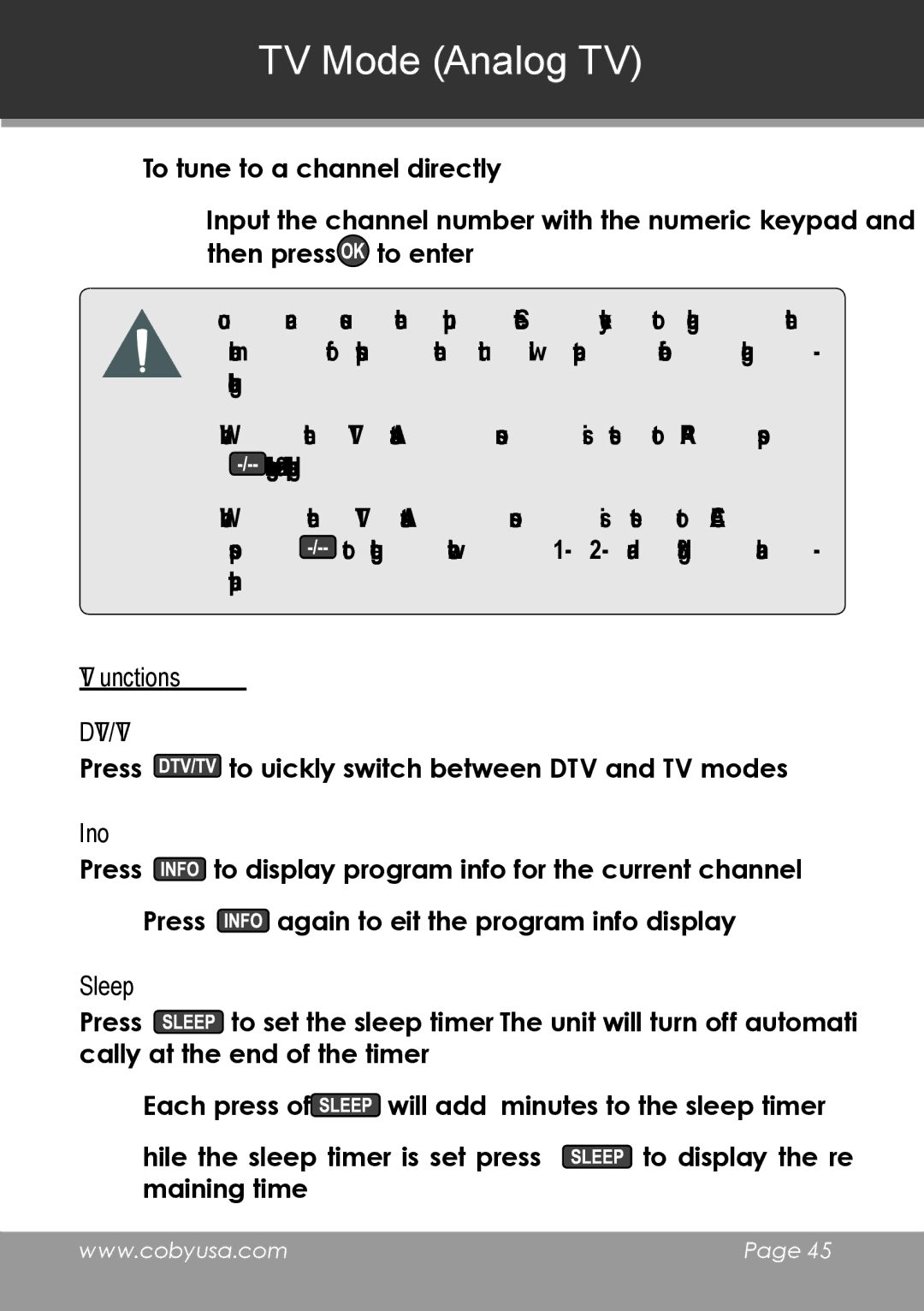 COBY electronic TV-DVD1390, TV-DVD2090 instruction manual TV Functions, Info 