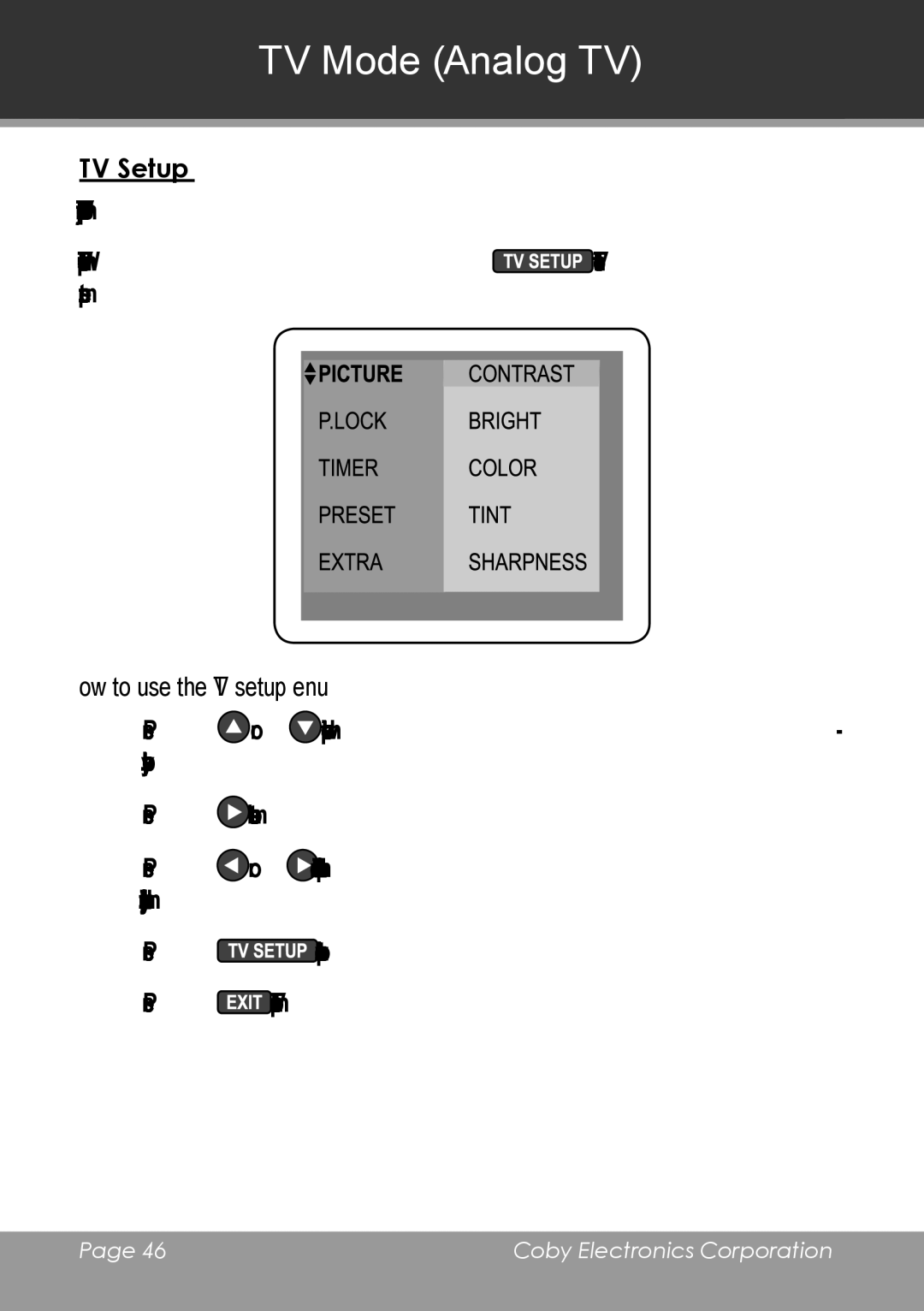 COBY electronic TV-DVD2090, TV-DVD1390 instruction manual TV Setup, How to use the TV setup menu 