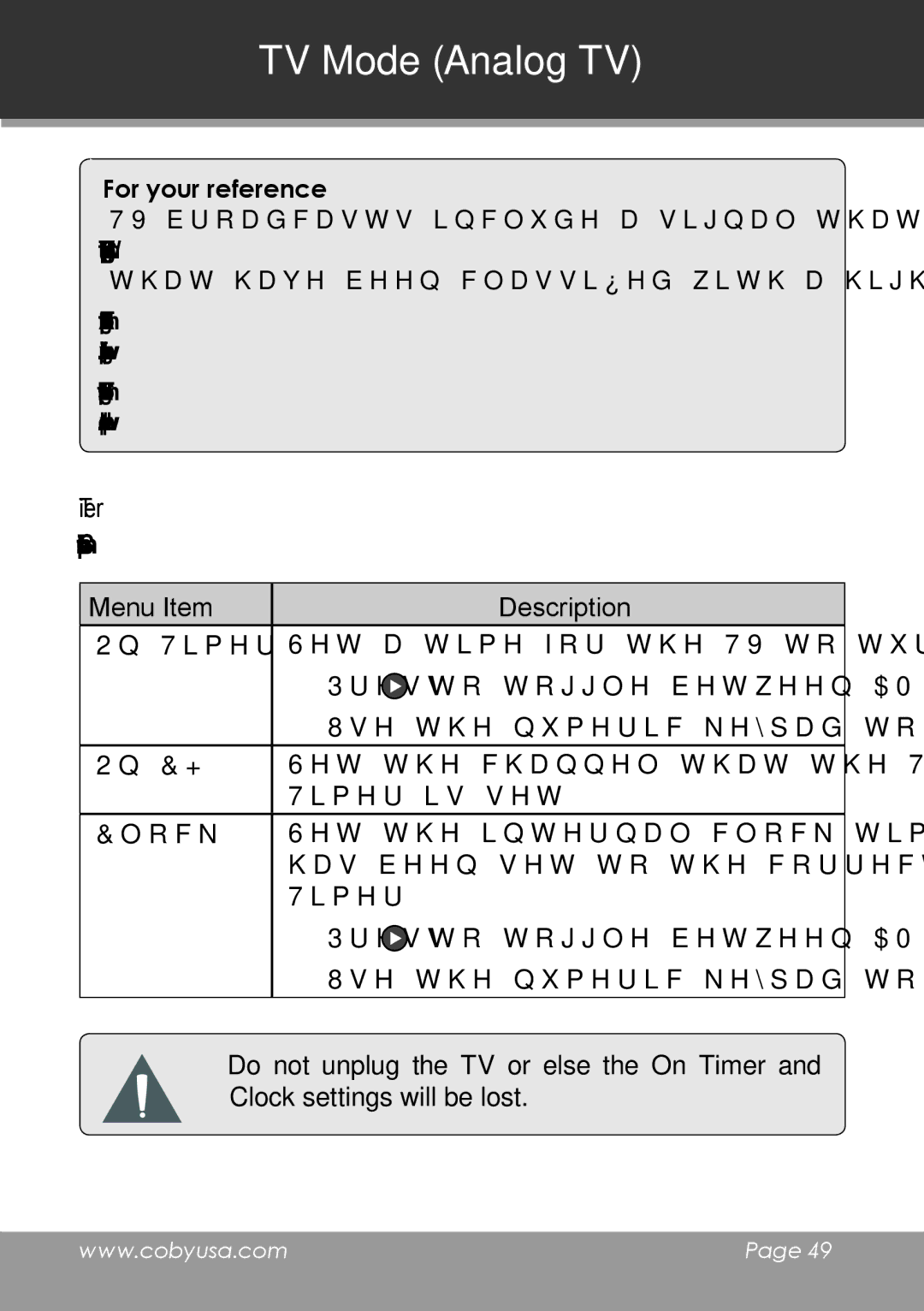 COBY electronic TV-DVD1390, TV-DVD2090 instruction manual Timer, For your reference 