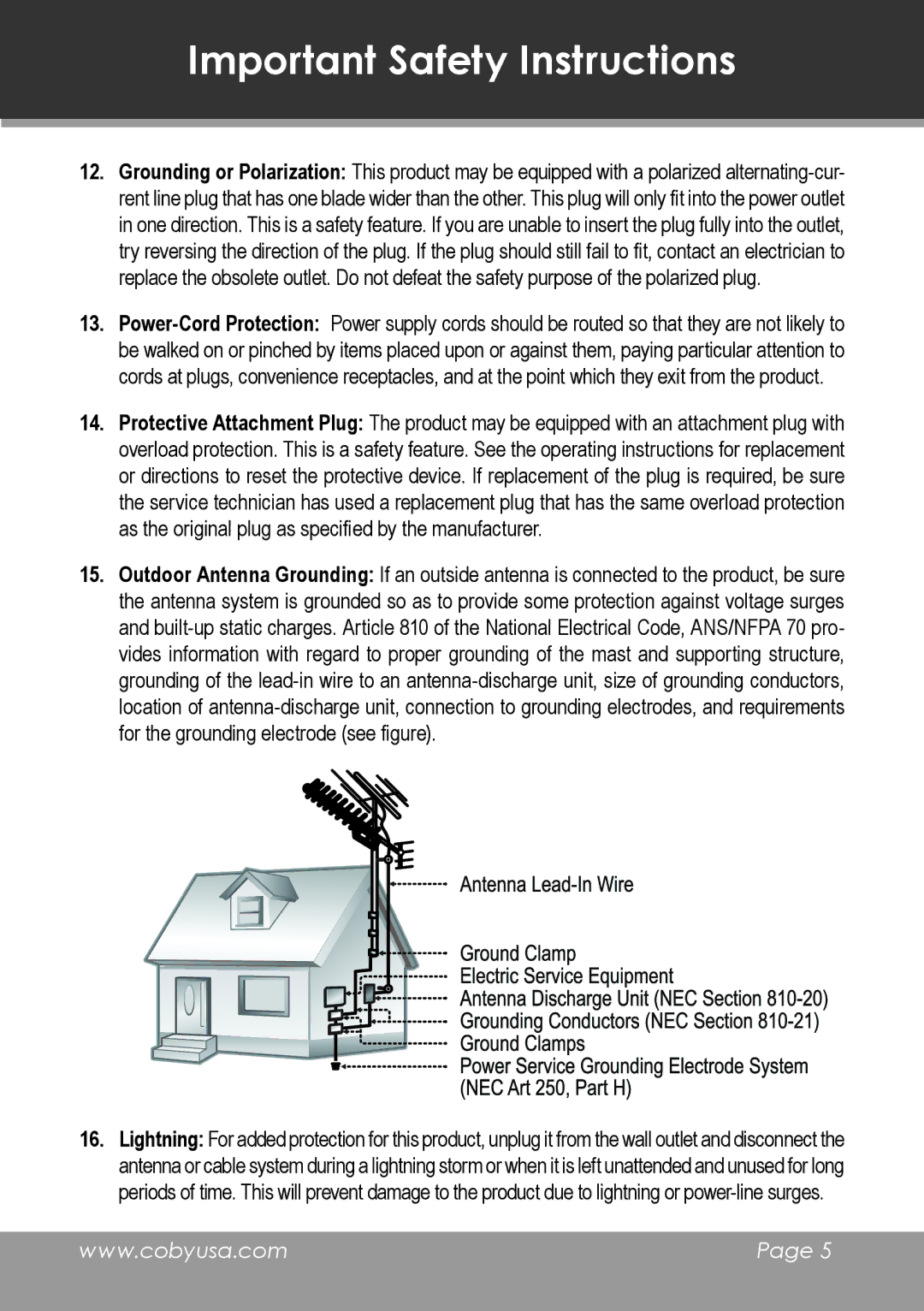 COBY electronic TV-DVD1390, TV-DVD2090 instruction manual Important Safety Instructions 