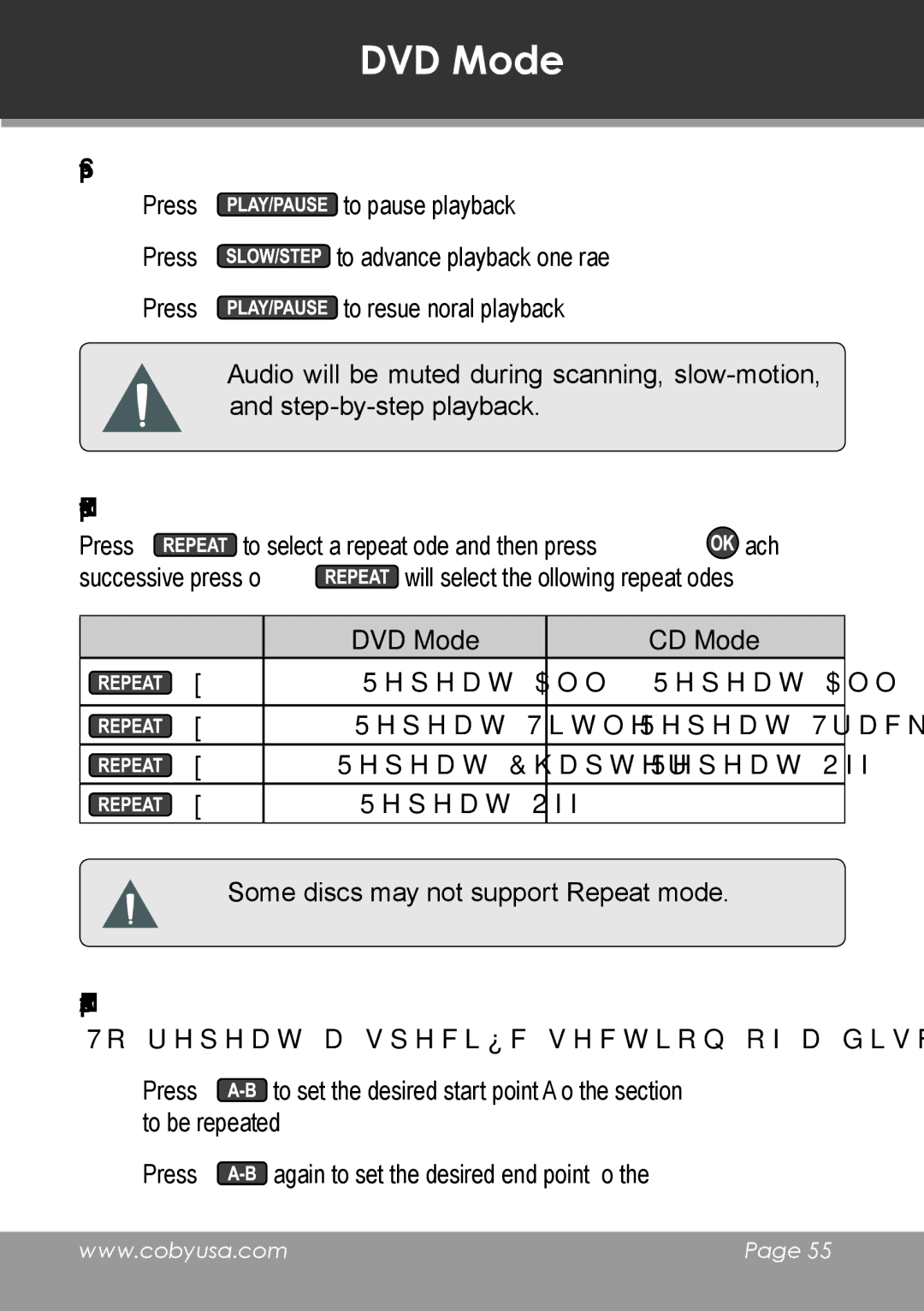 COBY electronic TV-DVD1390, TV-DVD2090 instruction manual Step, Repeat Mode, DVD Mode CD Mode 