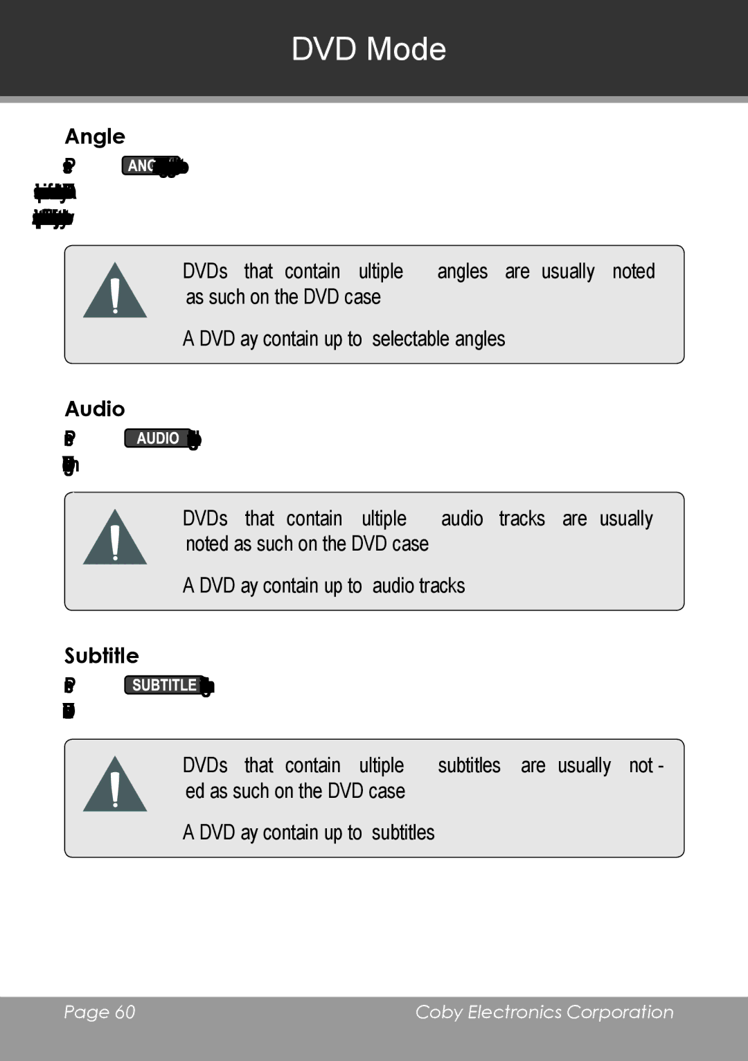 COBY electronic TV-DVD2090, TV-DVD1390 instruction manual Angle, Audio, Subtitle 