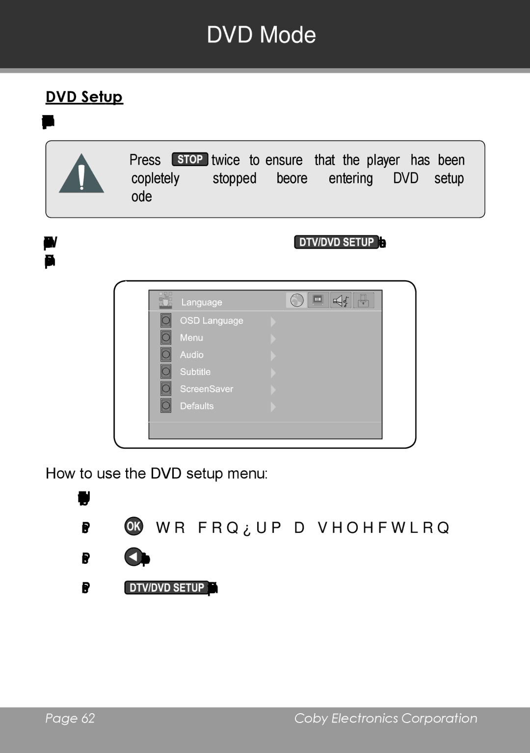 COBY electronic TV-DVD2090, TV-DVD1390 instruction manual DVD Setup, How to use the DVD setup menu 