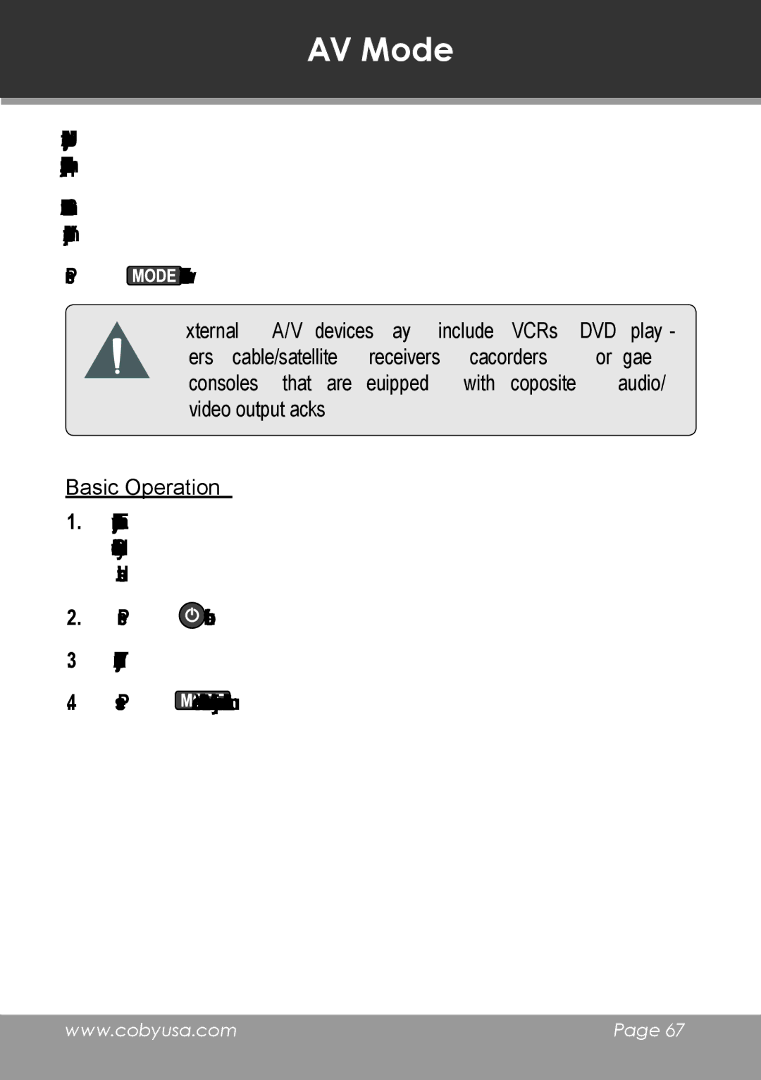 COBY electronic TV-DVD1390, TV-DVD2090 instruction manual AV Mode, Basic Operation 