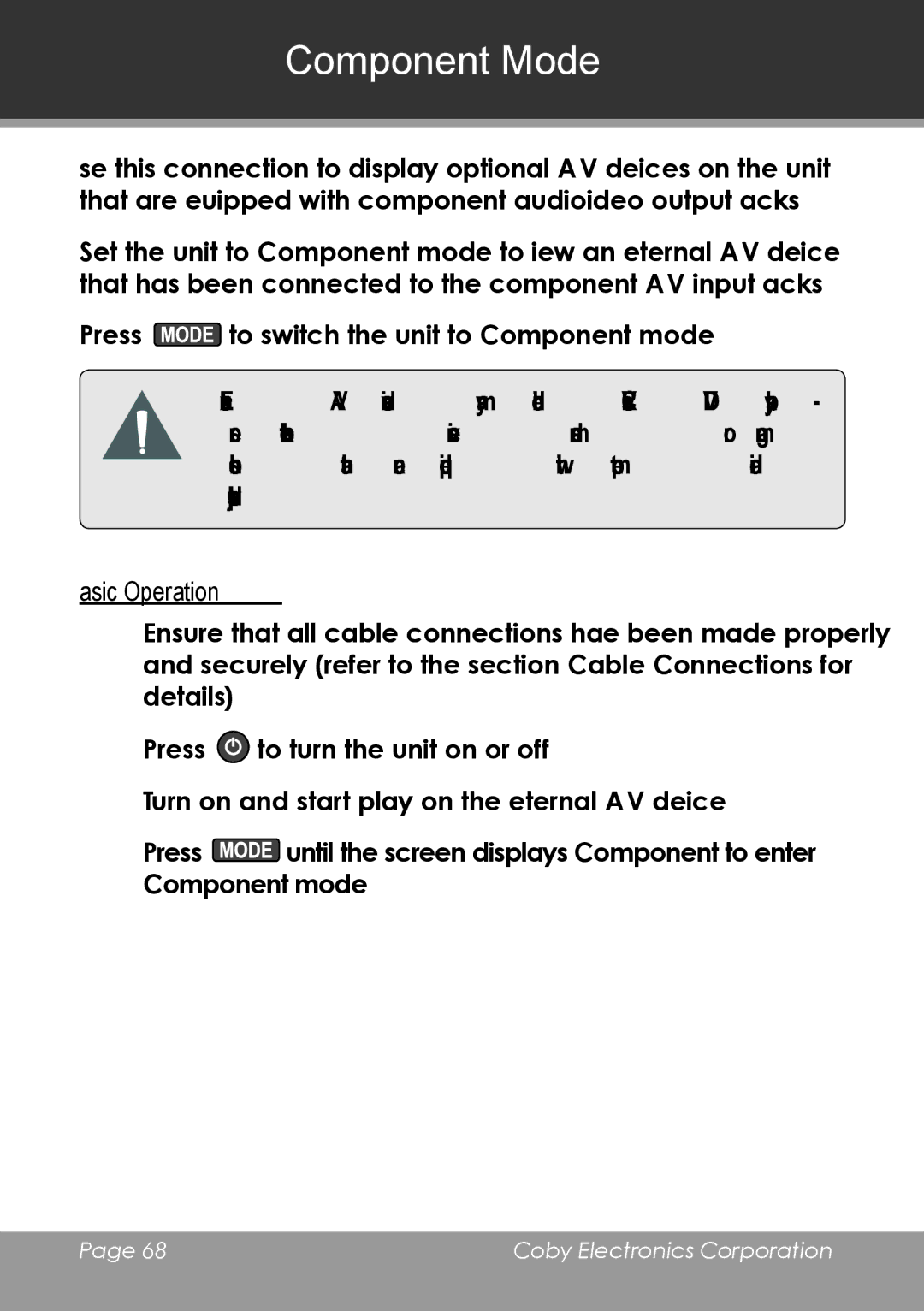 COBY electronic TV-DVD2090, TV-DVD1390 instruction manual Component Mode 