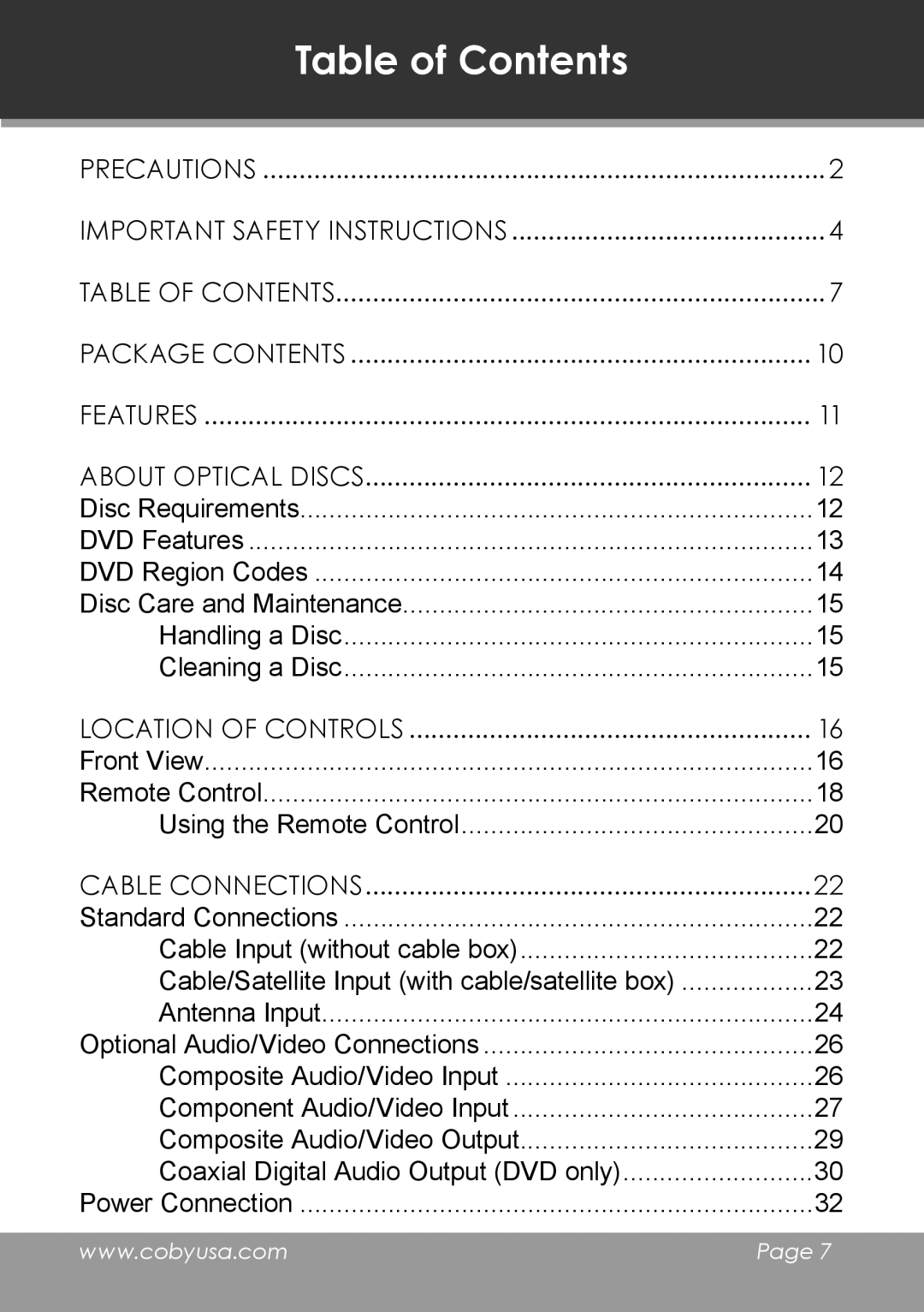 COBY electronic TV-DVD1390, TV-DVD2090 instruction manual Table of Contents 