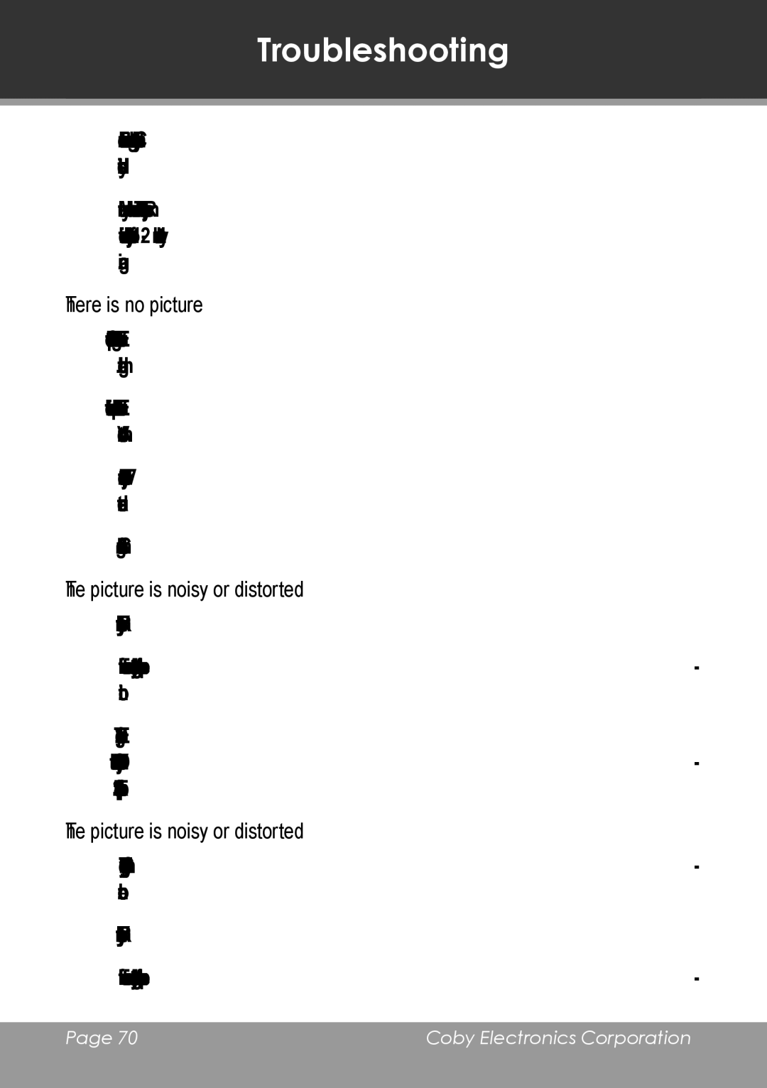 COBY electronic TV-DVD2090, TV-DVD1390 instruction manual There is no picture, Picture is noisy or distorted 
