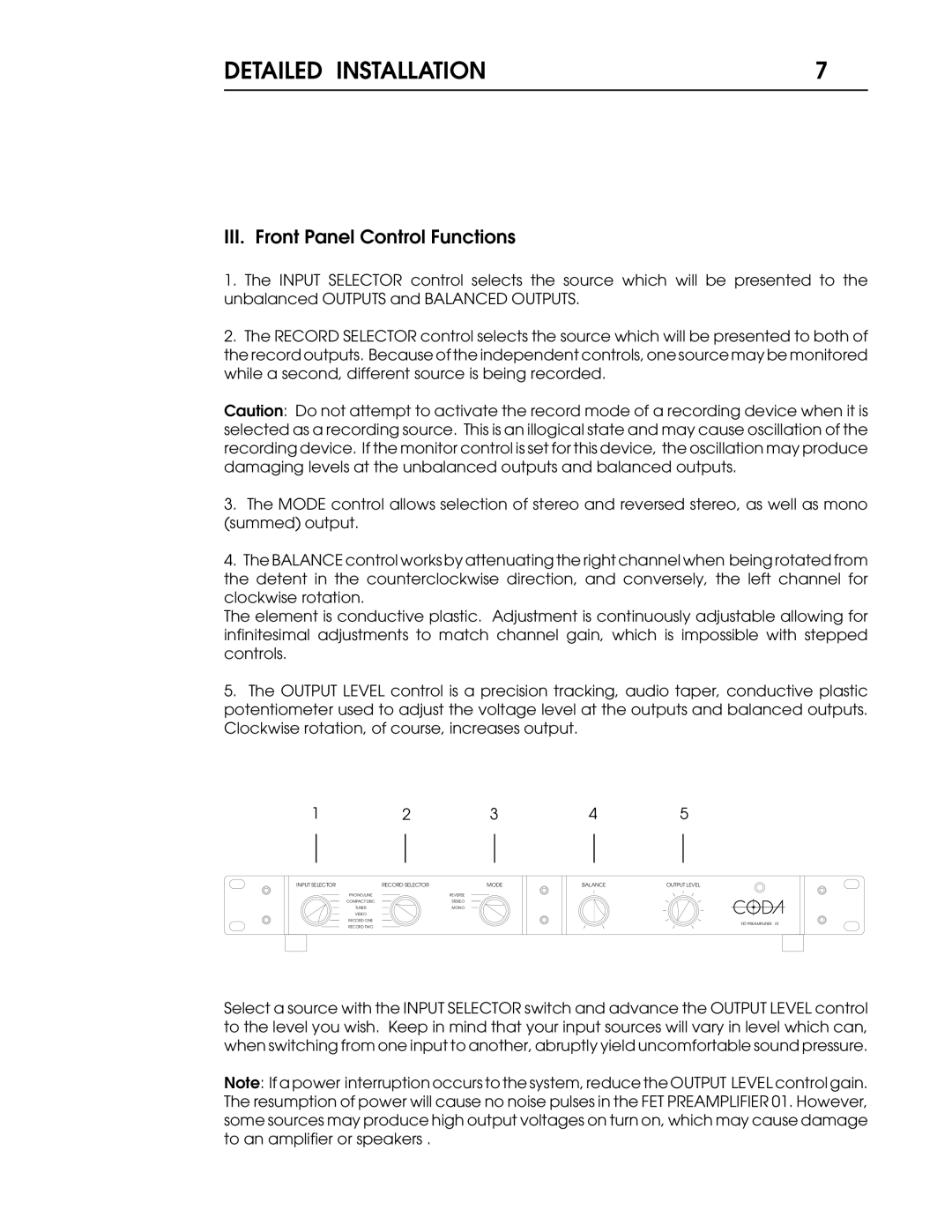 Coda 01 warranty III. Front Panel Control Functions 