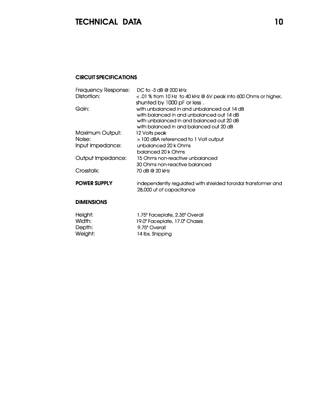Coda 02b operation manual Circuit Specifications 