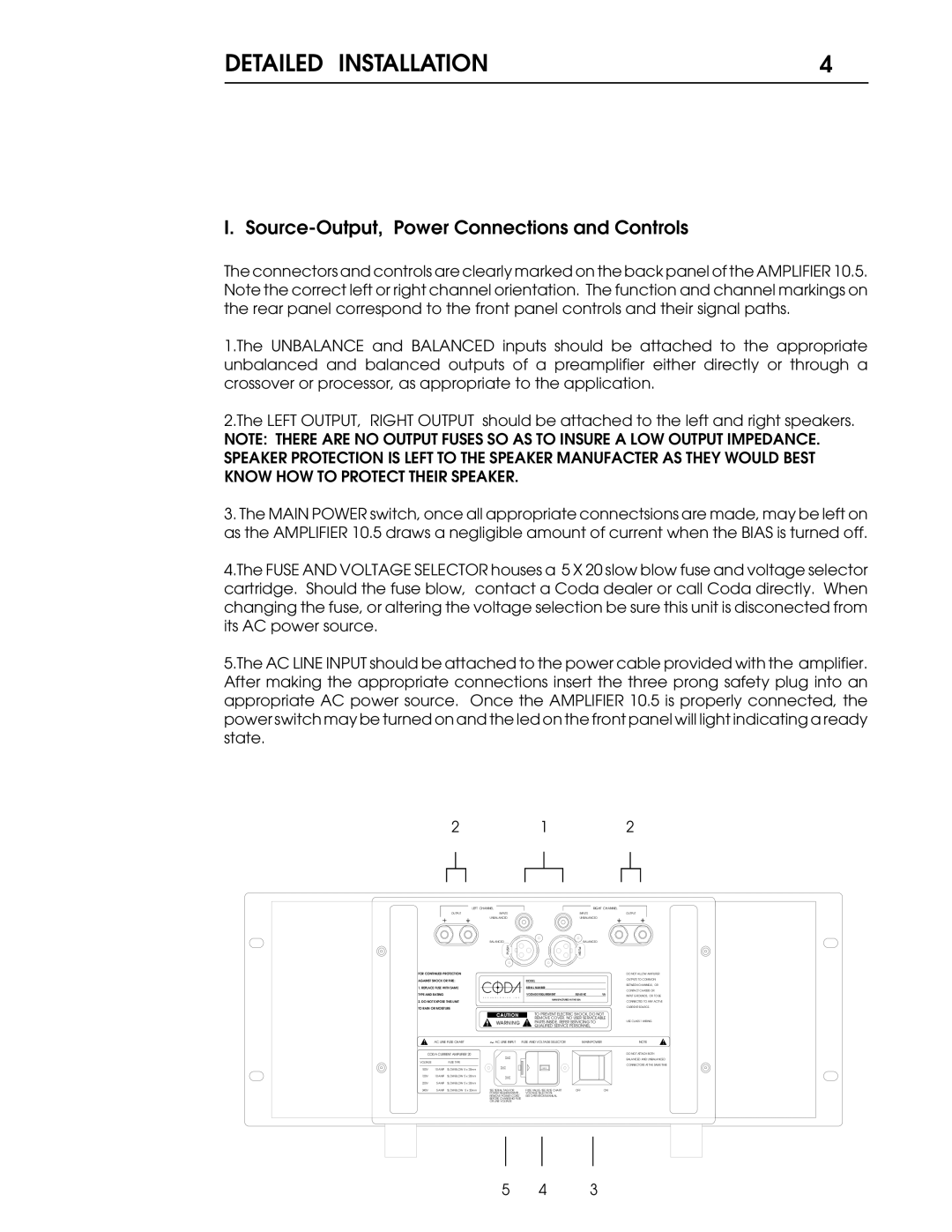 Coda 10.5 operation manual Source-Output, Power Connections and Controls, Right Channel 