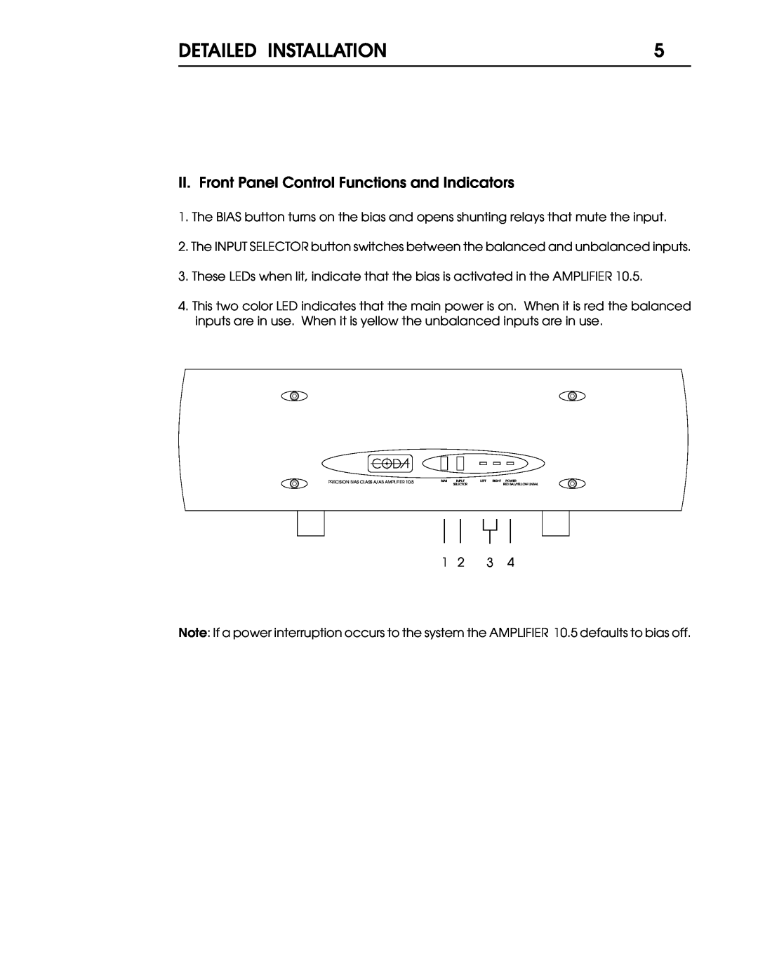 Coda 10.5 operation manual Detailed Installation, II. Front Panel Control Functions and Indicators 