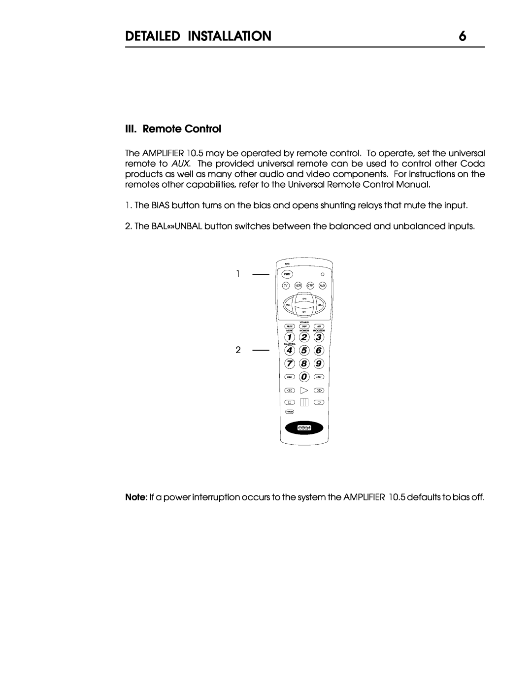 Coda 10.5 operation manual Detailed Installation, III. Remote Control 