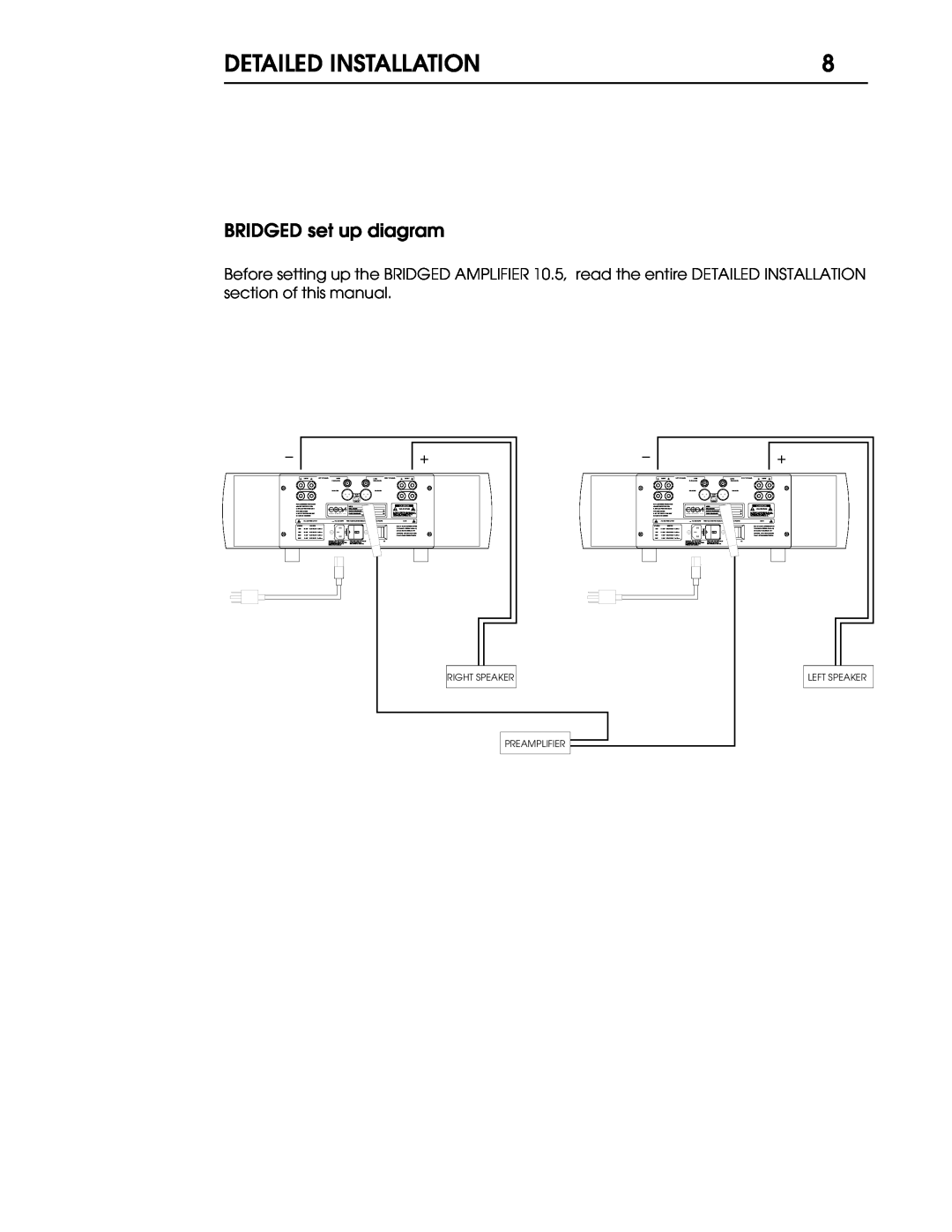 Coda 10.5 operation manual Detailed Installation, BRIDGED set up diagram, Right Speaker, Left Speaker, Preamplifier 