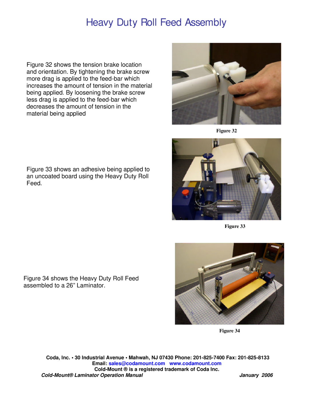 Coda Cold-Mount Laminator operation manual Shows the Heavy Duty Roll Feed assembled to a 26 Laminator 