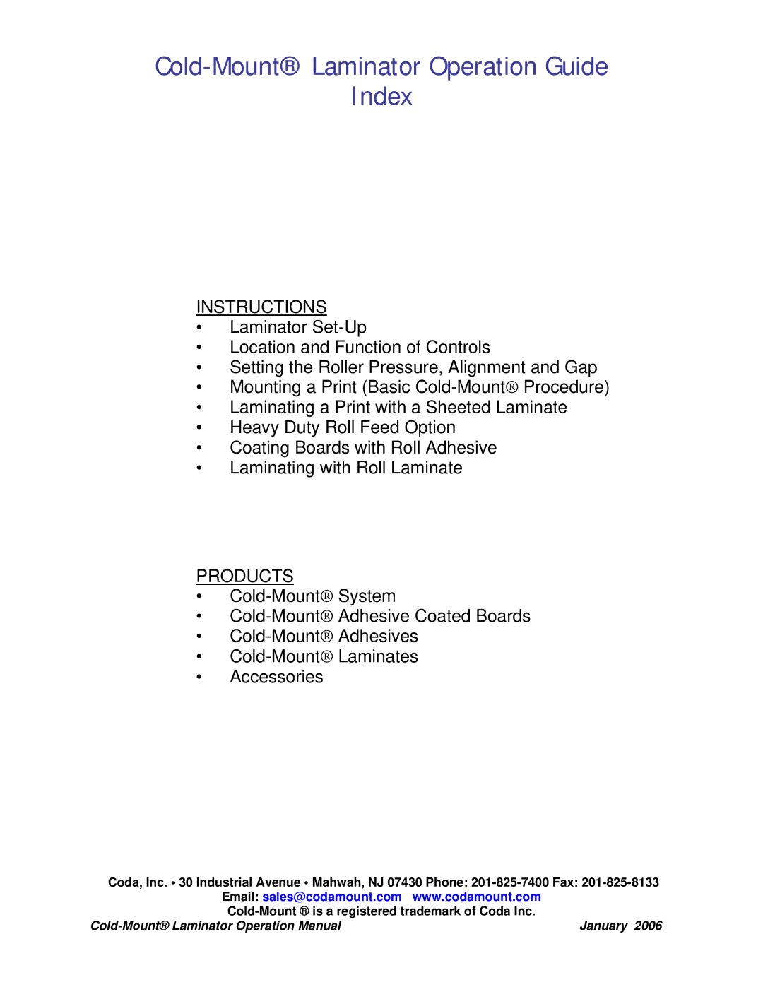 Coda operation manual Cold-Mount Laminator Operation Guide Index, Instructions 