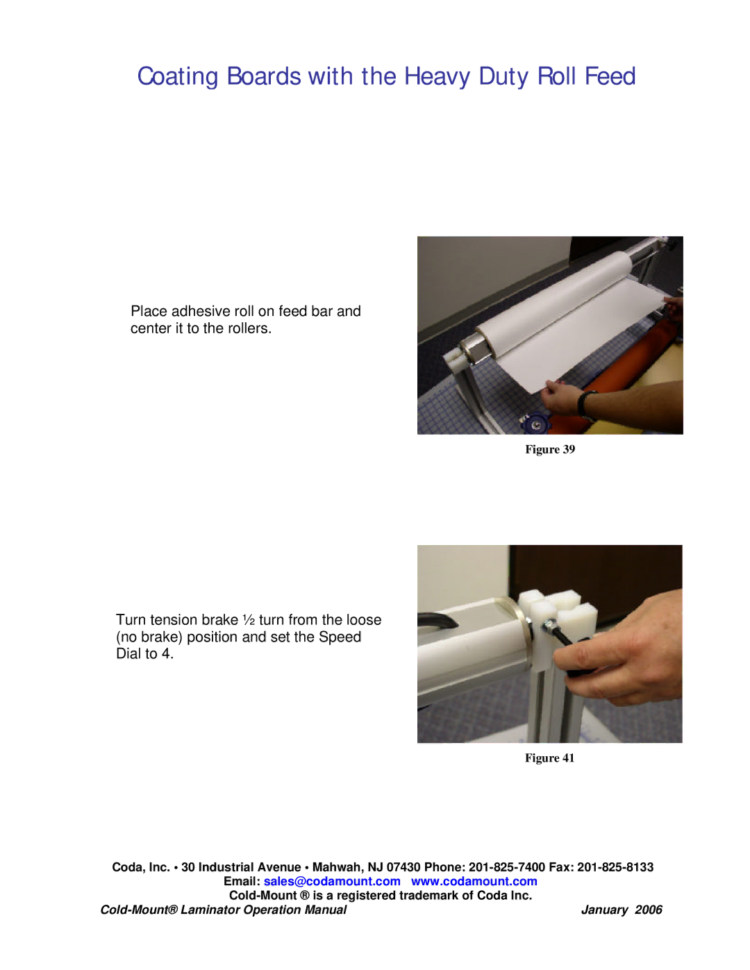 Coda Cold-Mount Laminator operation manual Coating Boards with the Heavy Duty Roll Feed 