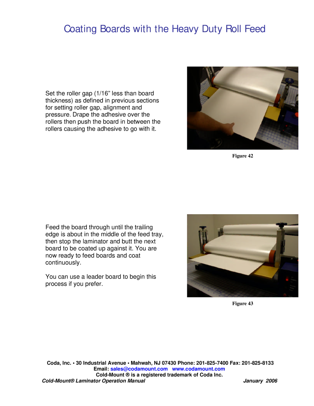 Coda Cold-Mount Laminator operation manual Coating Boards with the Heavy Duty Roll Feed 