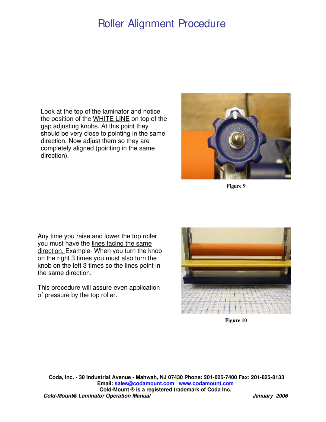 Coda Cold-Mount Laminator operation manual Roller Alignment Procedure 