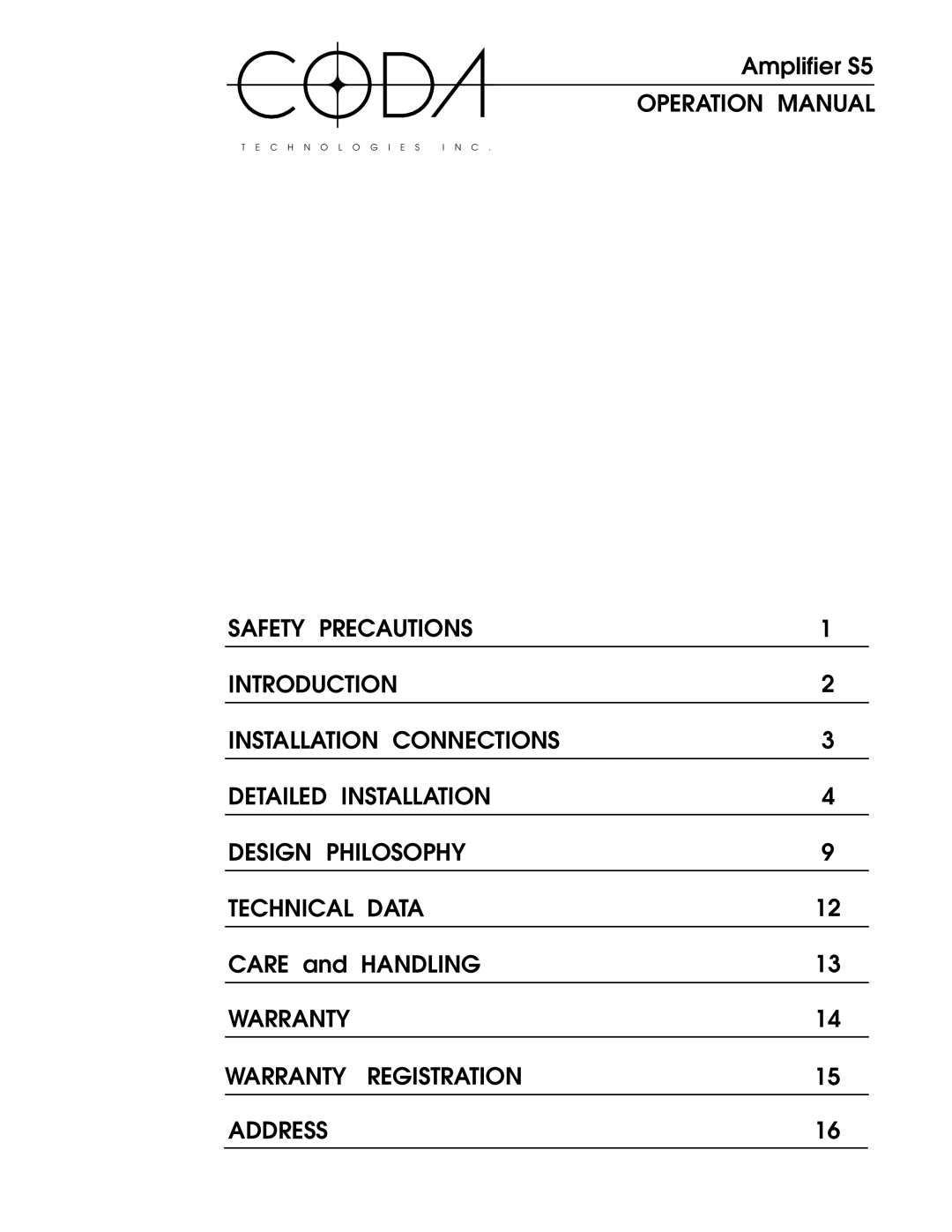 Coda S5 operation manual Warranty Warranty Registration Address 