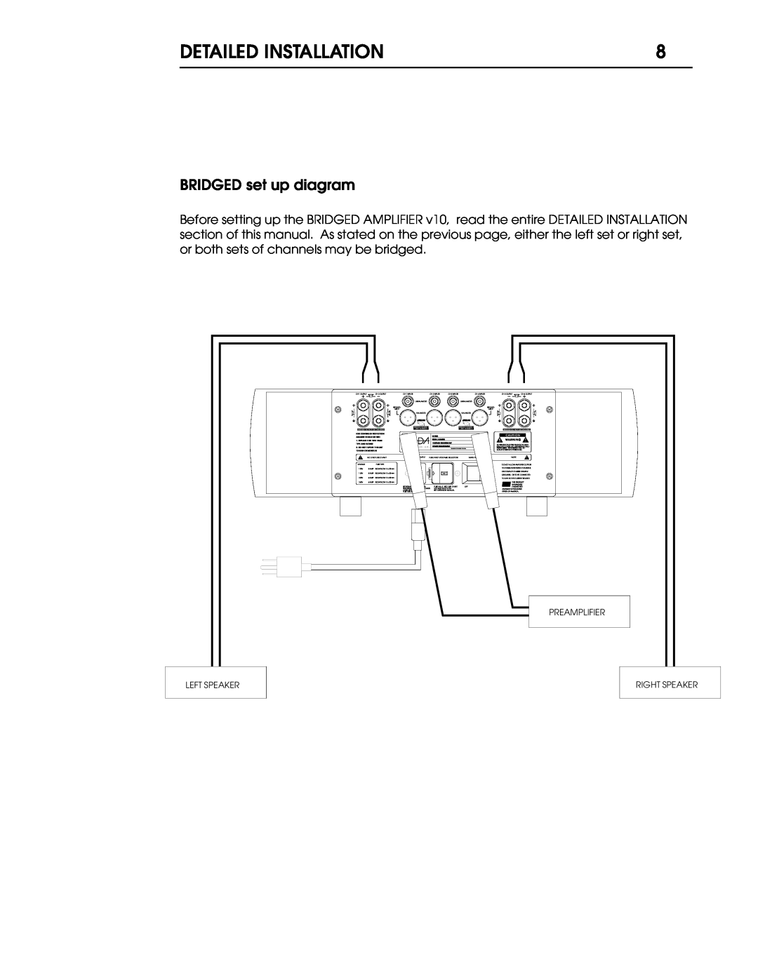 Coda V10 BRIDGED set up diagram, Left Speaker, Preamplifier Right Speaker, C A U Tion, Bridged-Donot Use Grounds 