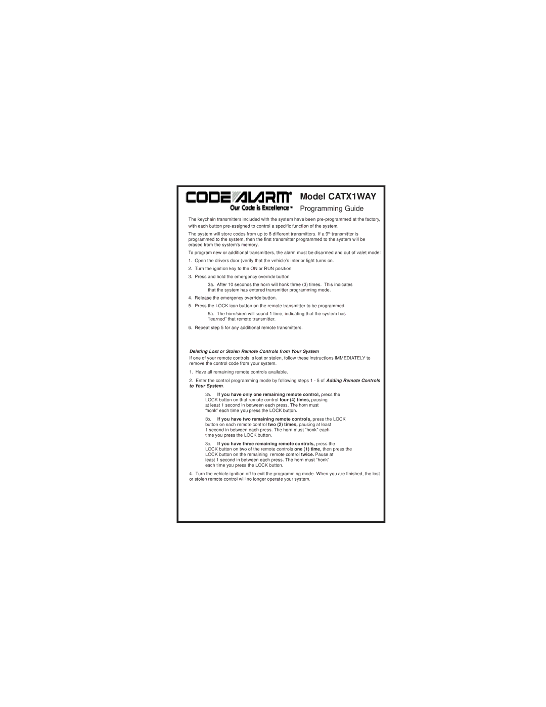 Code Alarm manual Model CATX1WAY, Programming Guide, Deleting Lost or Stolen Remote Controls from Your System 