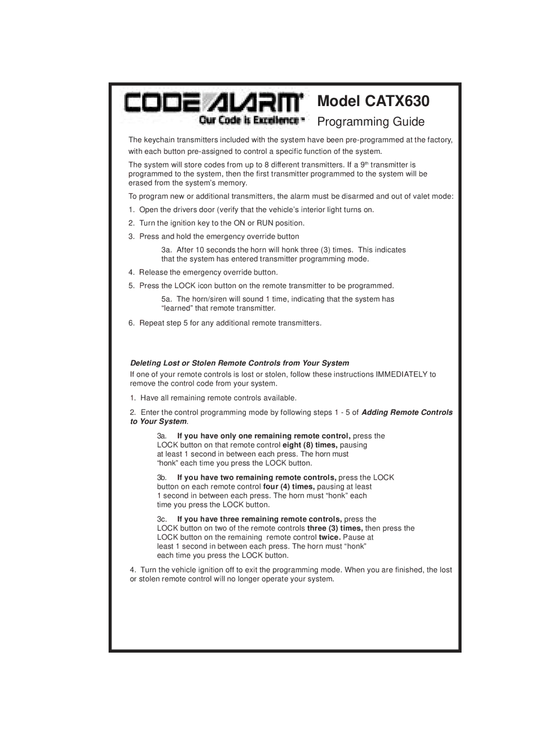 Code Alarm manual Model CATX630, Programming Guide, Deleting Lost or Stolen Remote Controls from Your System 