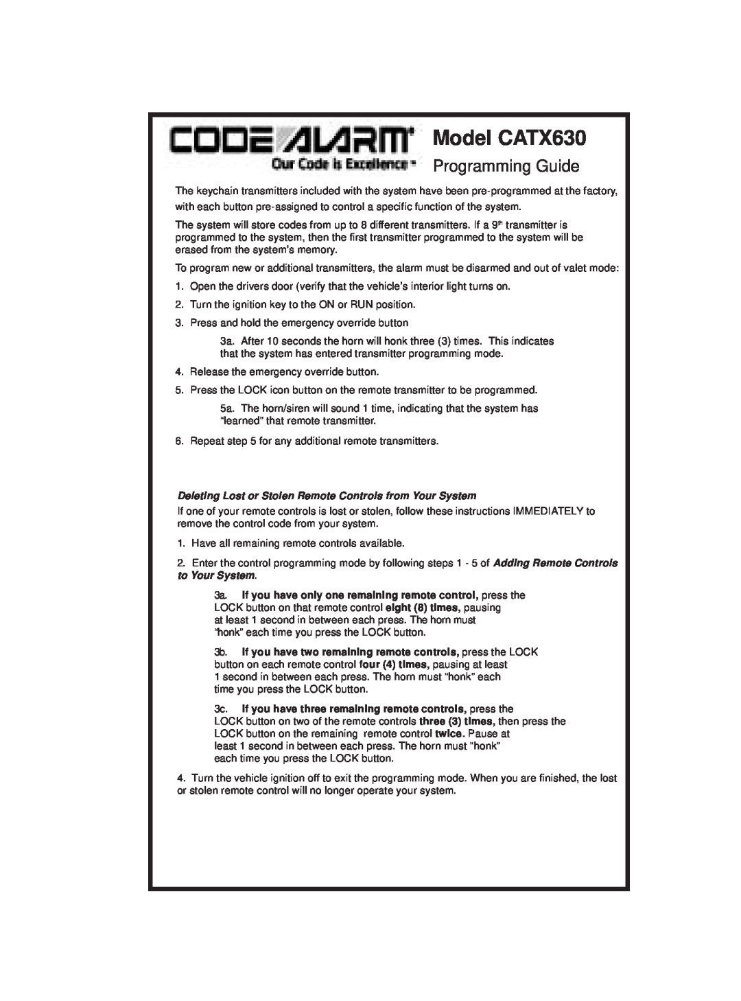 Code Alarm manual Model CATX630, Programming Guide, Deleting Lost or Stolen Remote Controls from Your System 