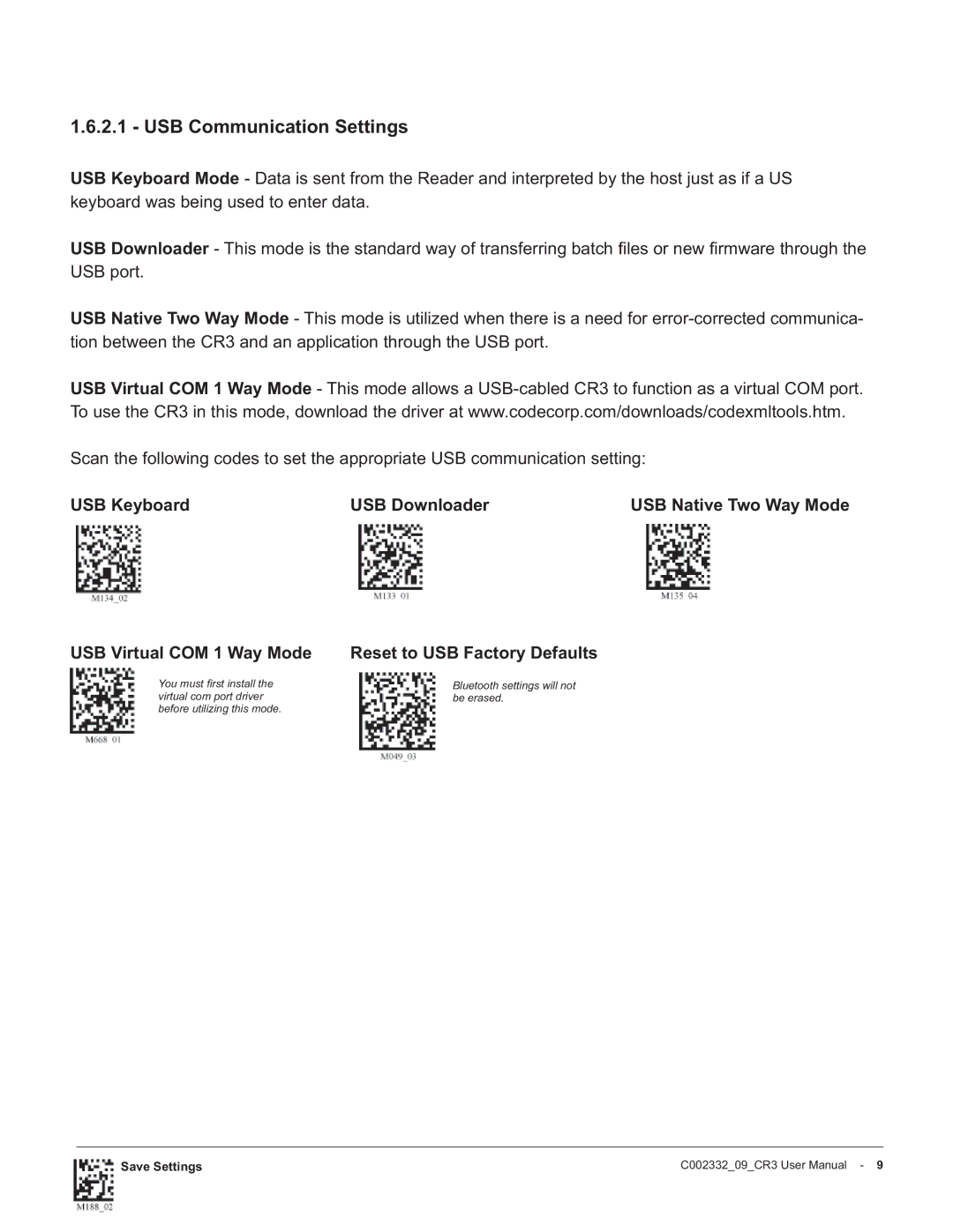 Code Alarm CR3 manual USB Communication Settings, USB Keyboard USB Downloader, USB Virtual COM 1 Way Mode 