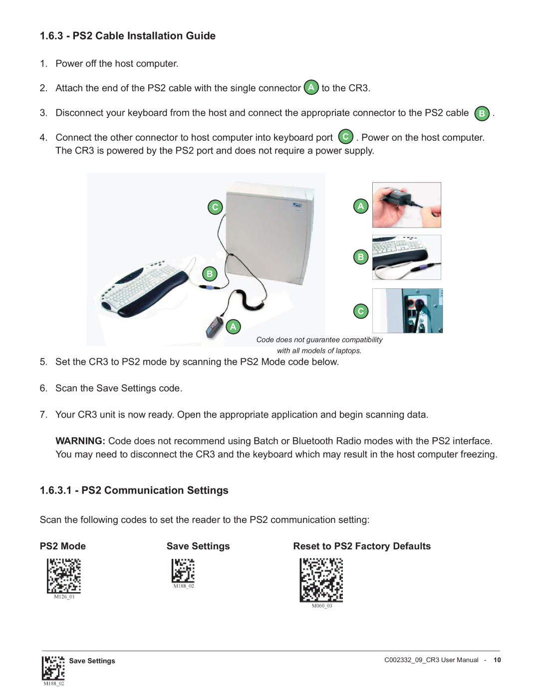 Code Alarm CR3 manual PS2 Cable Installation Guide, PS2 Communication Settings, PS2 Mode Save Settings 