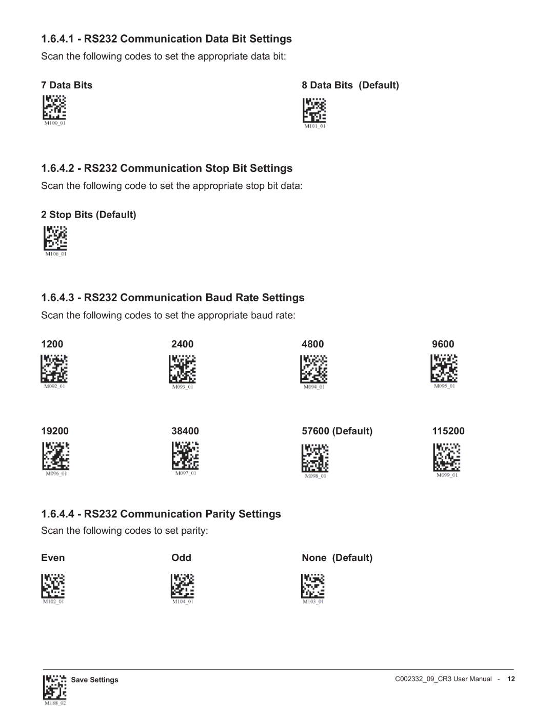 Code Alarm CR3 manual RS232 Communication Data Bit Settings, RS232 Communication Stop Bit Settings 