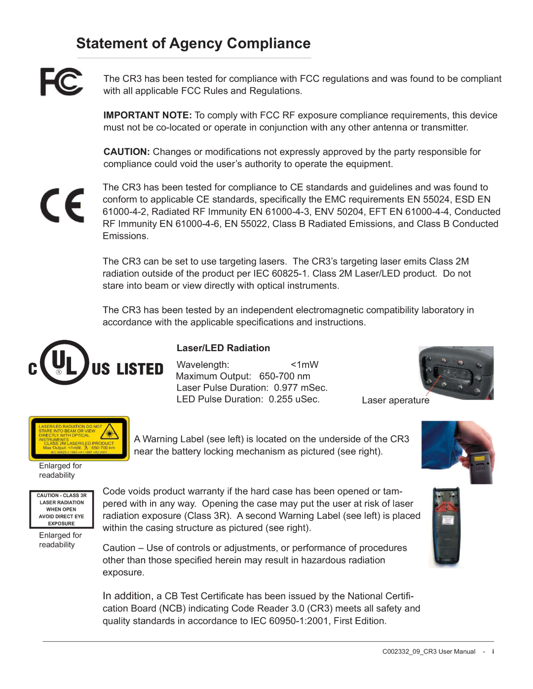 Code Alarm CR3 manual Statement of Agency Compliance, Laser/LED Radiation 