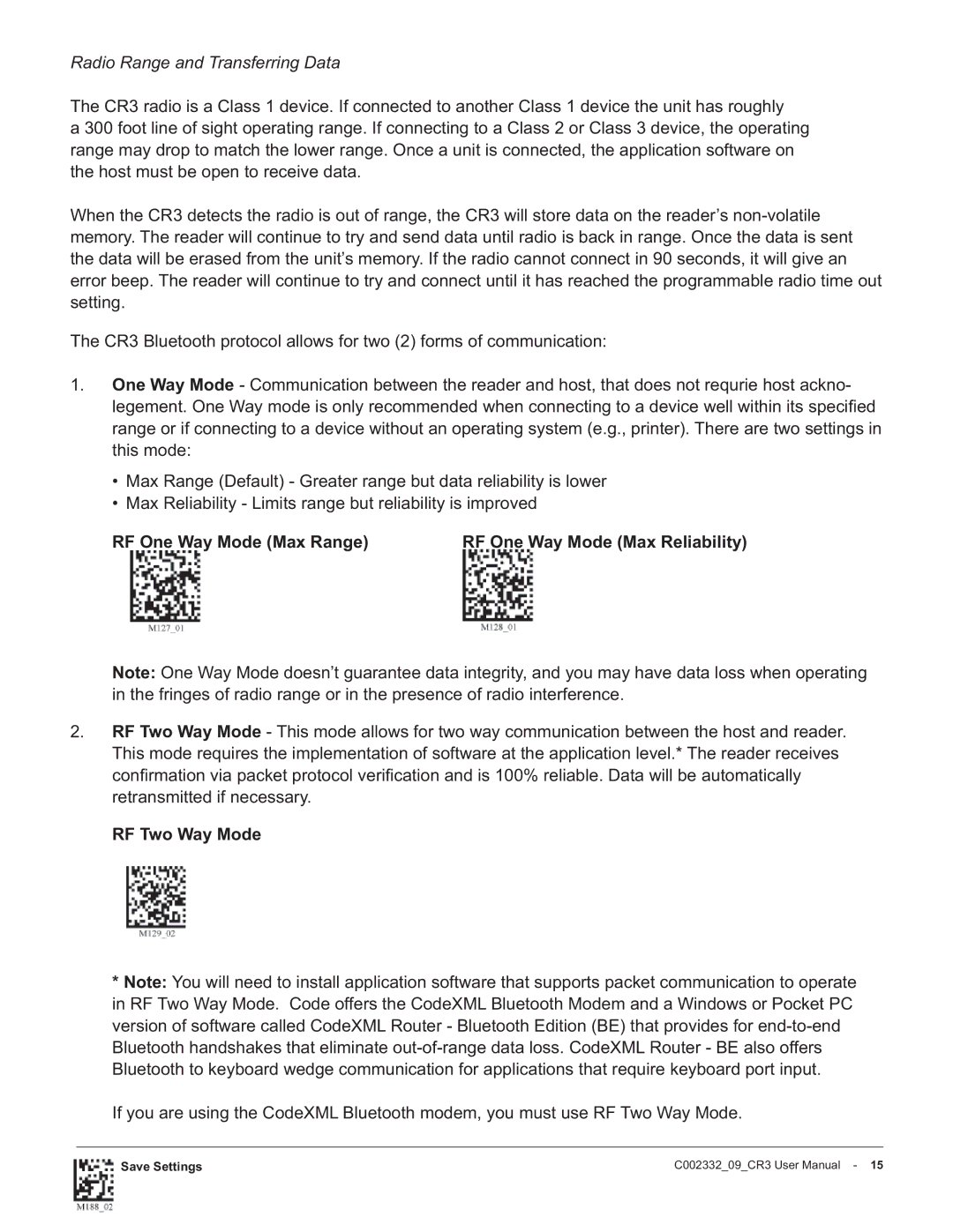 Code Alarm CR3 manual RF One Way Mode Max Range, RF Two Way Mode 