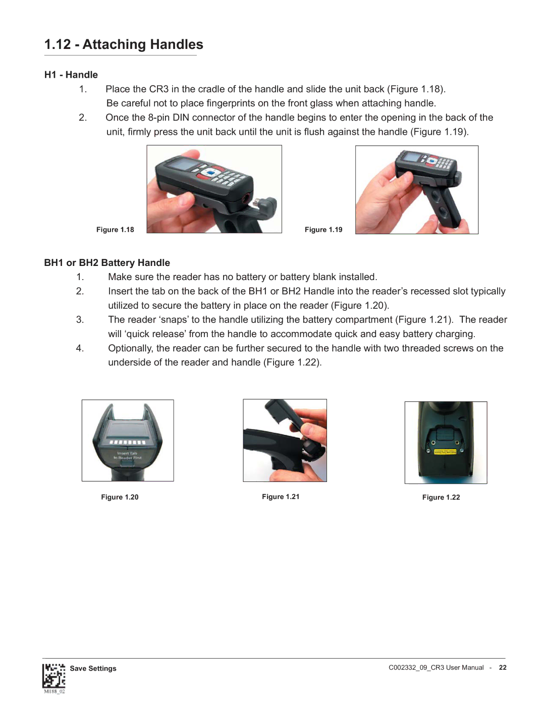 Code Alarm CR3 manual Attaching Handles, H1 Handle, BH1 or BH2 Battery Handle 