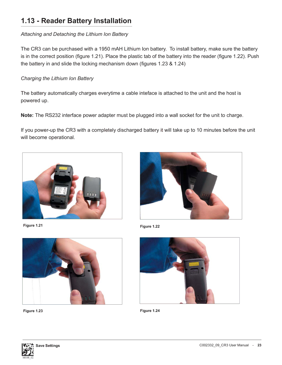 Code Alarm CR3 manual Reader Battery Installation, Attaching and Detaching the Lithium Ion Battery 