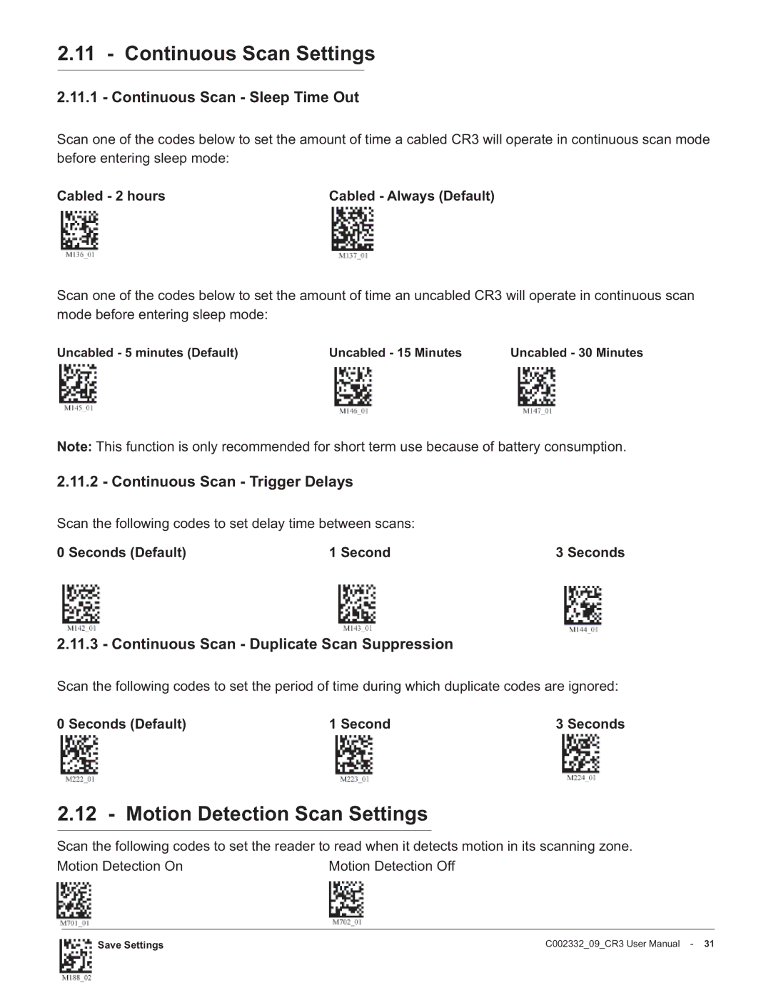 Code Alarm CR3 manual Continuous Scan Settings, Motion Detection Scan Settings, Continuous Scan Sleep Time Out 