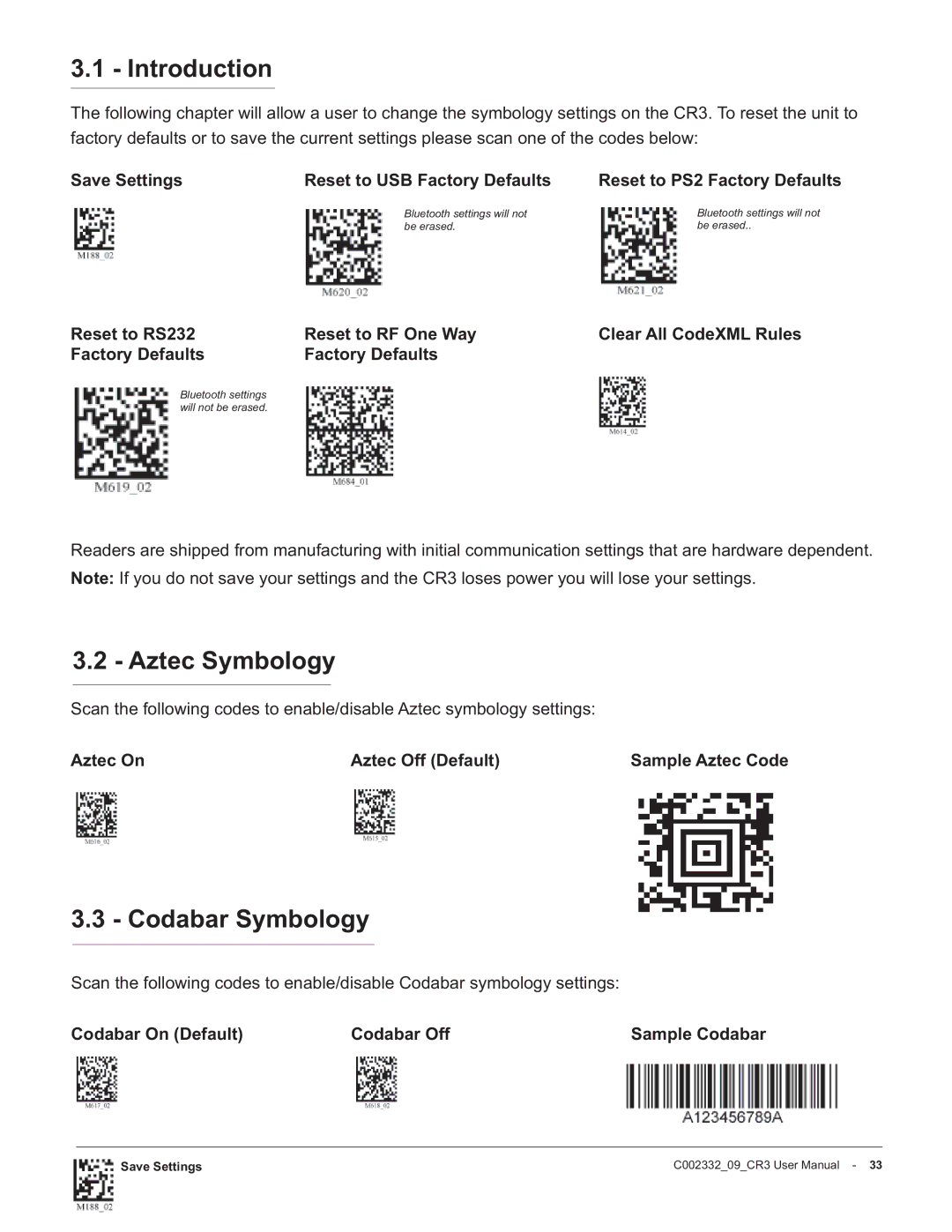 Code Alarm CR3 manual Aztec Symbology, Codabar Symbology 