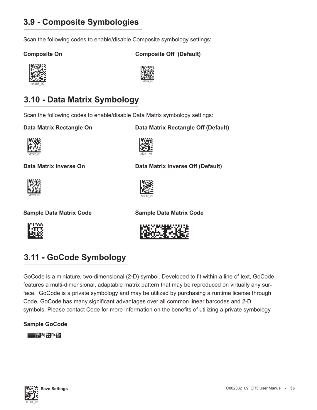 Code Alarm CR3 manual Composite Symbologies, Data Matrix Symbology, GoCode Symbology 