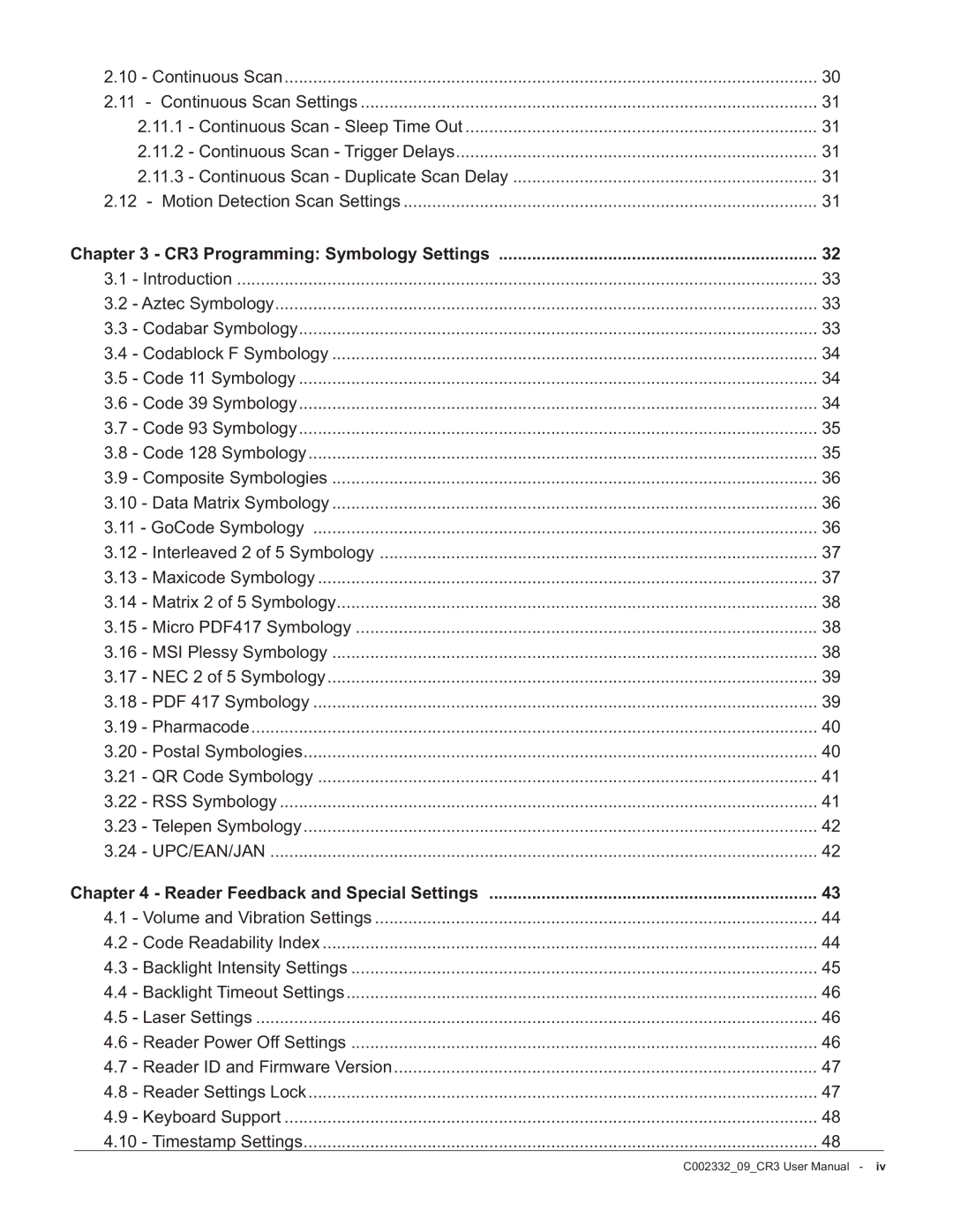 Code Alarm manual CR3 Programming Symbology Settings, Reader Feedback and Special Settings 