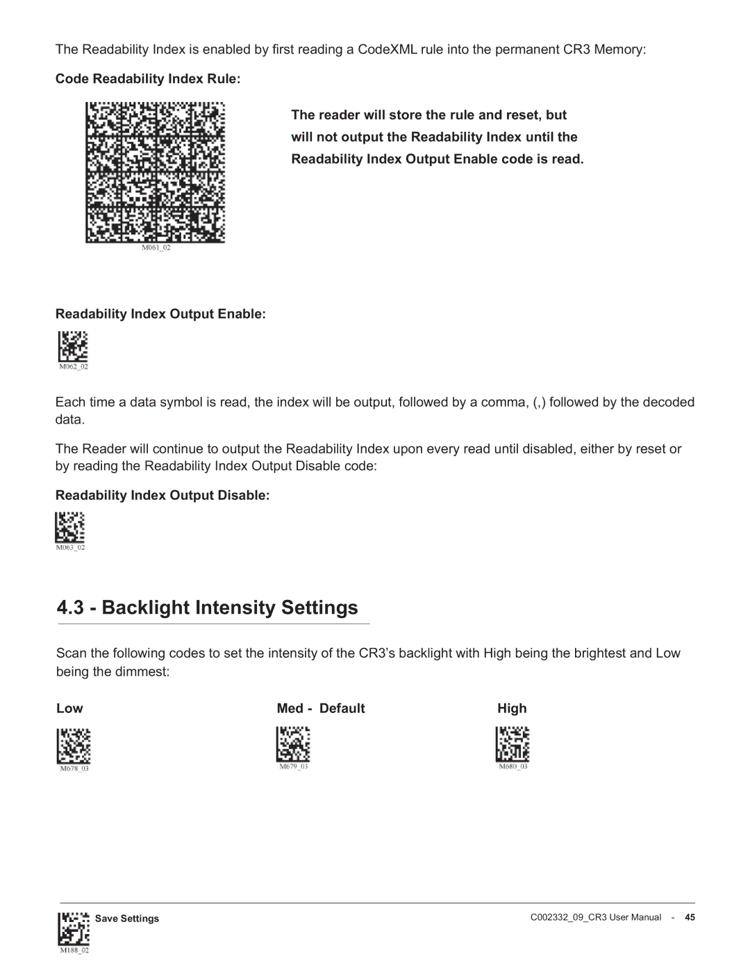 Code Alarm CR3 manual Backlight Intensity Settings, Readability Index Output Disable, Low Med Default High 