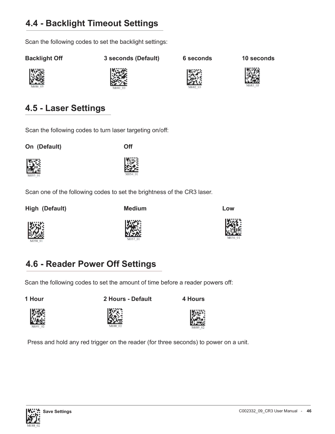 Code Alarm CR3 manual Backlight Timeout Settings, Laser Settings, Reader Power Off Settings 