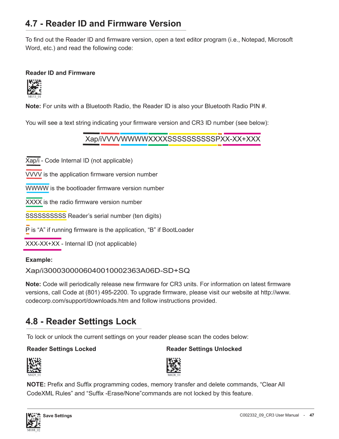 Code Alarm CR3 manual Reader ID and Firmware Version, Example, Reader Settings Locked 