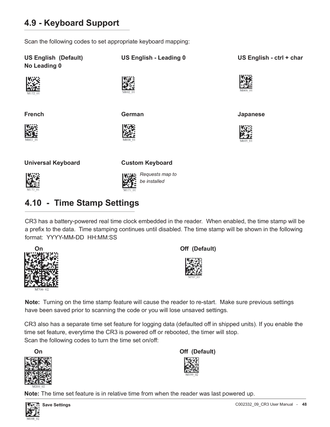 Code Alarm CR3 Keyboard Support, Time Stamp Settings, US English Default US English Leading, No Leading French German 